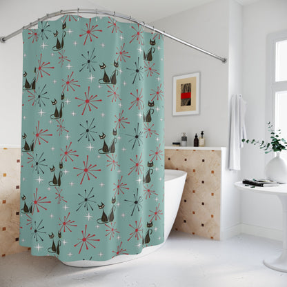 Kate McEnroe New York Atomic Cat Kitsch Mid Century Modern Starburst Shower Curtain, Retro MCM Bath DecorShower Curtains15138695369722966334