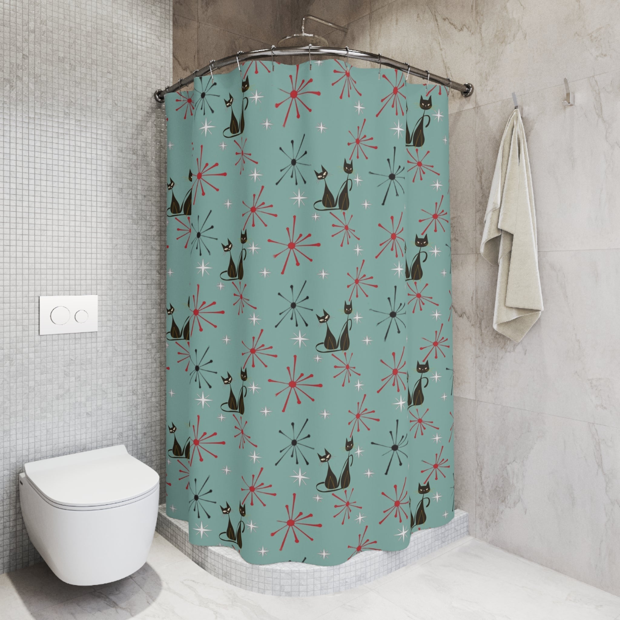 Kate McEnroe New York Atomic Cat Kitsch Mid Century Modern Starburst Shower Curtain, Retro MCM Bath DecorShower Curtains15138695369722966334