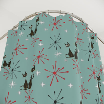 Kate McEnroe New York Atomic Cat Kitsch Mid Century Modern Starburst Shower Curtain, Retro MCM Bath DecorShower Curtains15138695369722966334