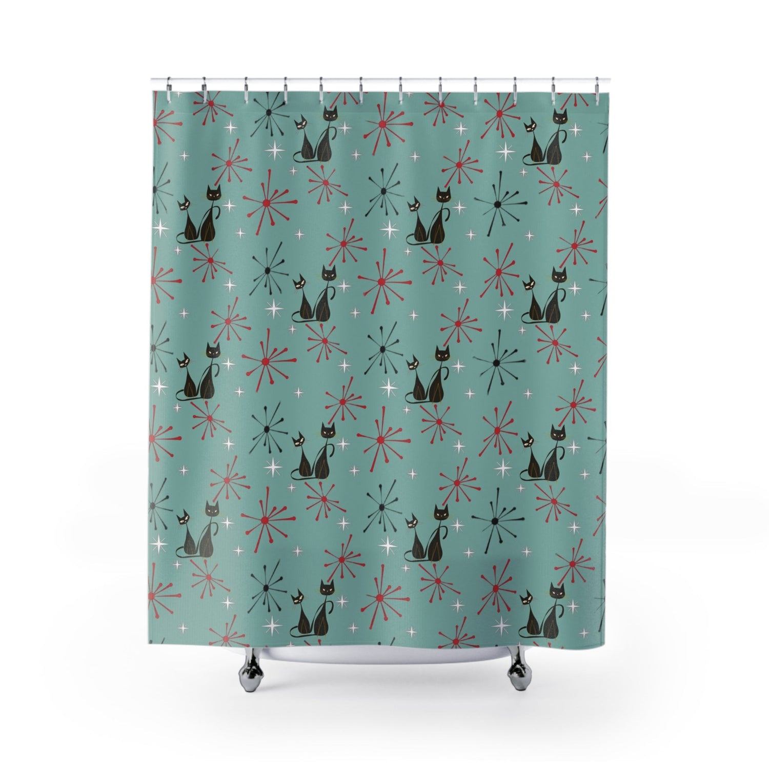 Kate McEnroe New York Atomic Cat Kitsch Mid Century Modern Starburst Shower Curtain, Retro MCM Bath DecorShower Curtains15138695369722966334