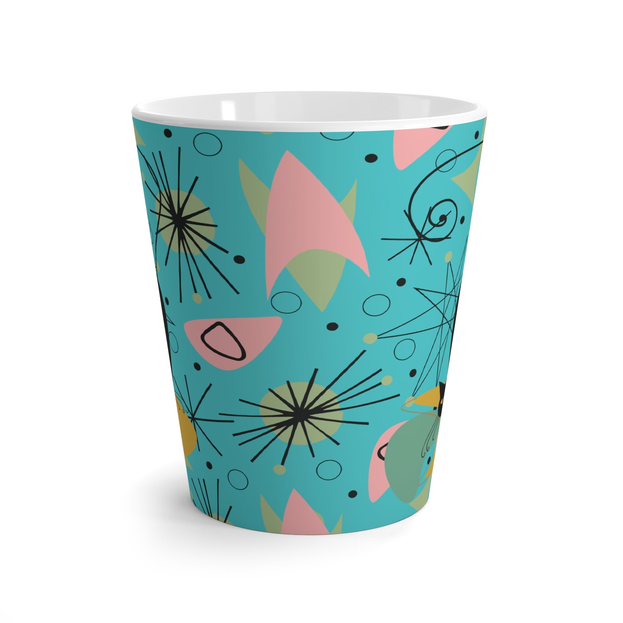 Kate McEnroe New York Atomic Cat Latte Mug, Mid Century Modern Retro Pink, Turquoise, Lime Starburst 12oz Coffee Cup, 50s 60s Retro Drinkware, Cat Lover&