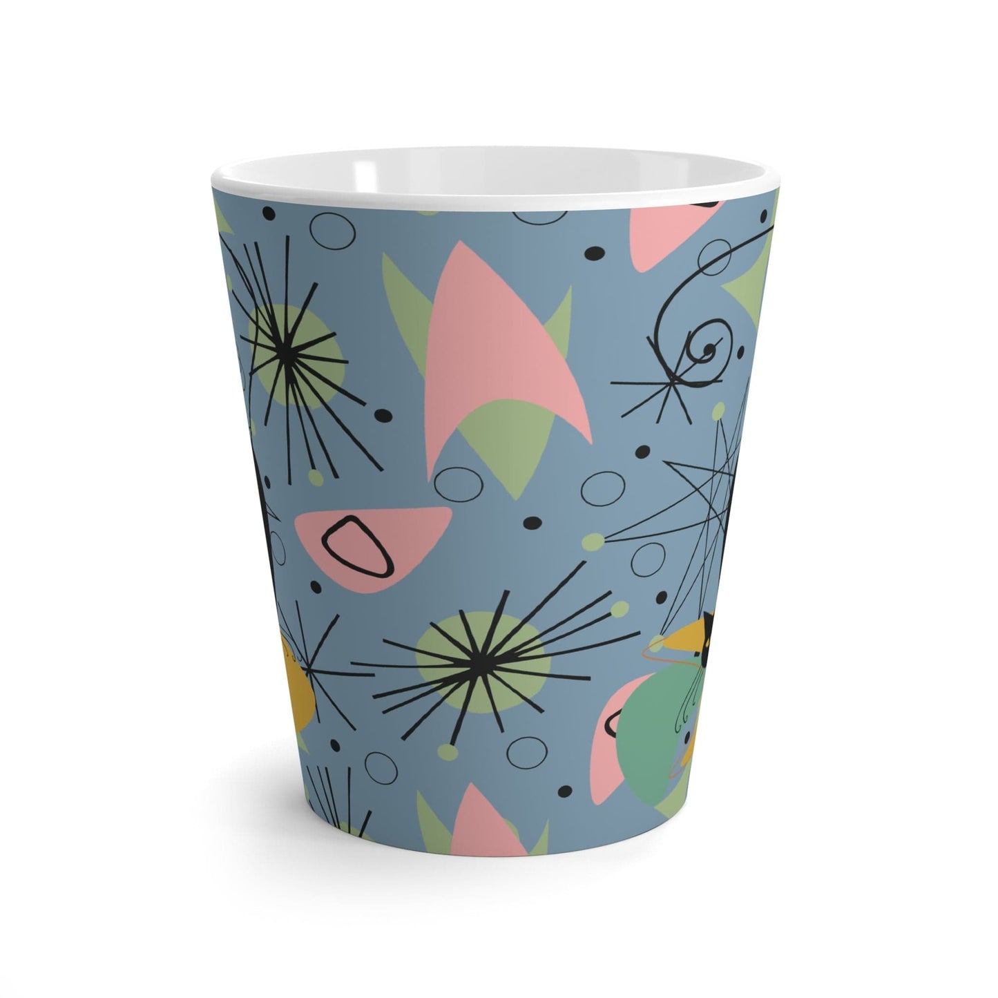 Printify Atomic Cat Latte Mug, Mid Century Modern Teal, Pink, Lime Starburst 12oz MCM Coffee Mug, 50s 60s Retro Drinkware, Cat Lover's Gift Mug 12oz 15478781405944311238