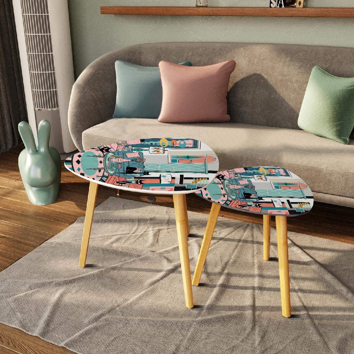 Kate McEnroe New York Atomic Cat Living Room Table, Mid Century Modern Nesting Set, 50s Teal Pink Starburst Accent FurnitureNesting Tablesvd819TzrAt