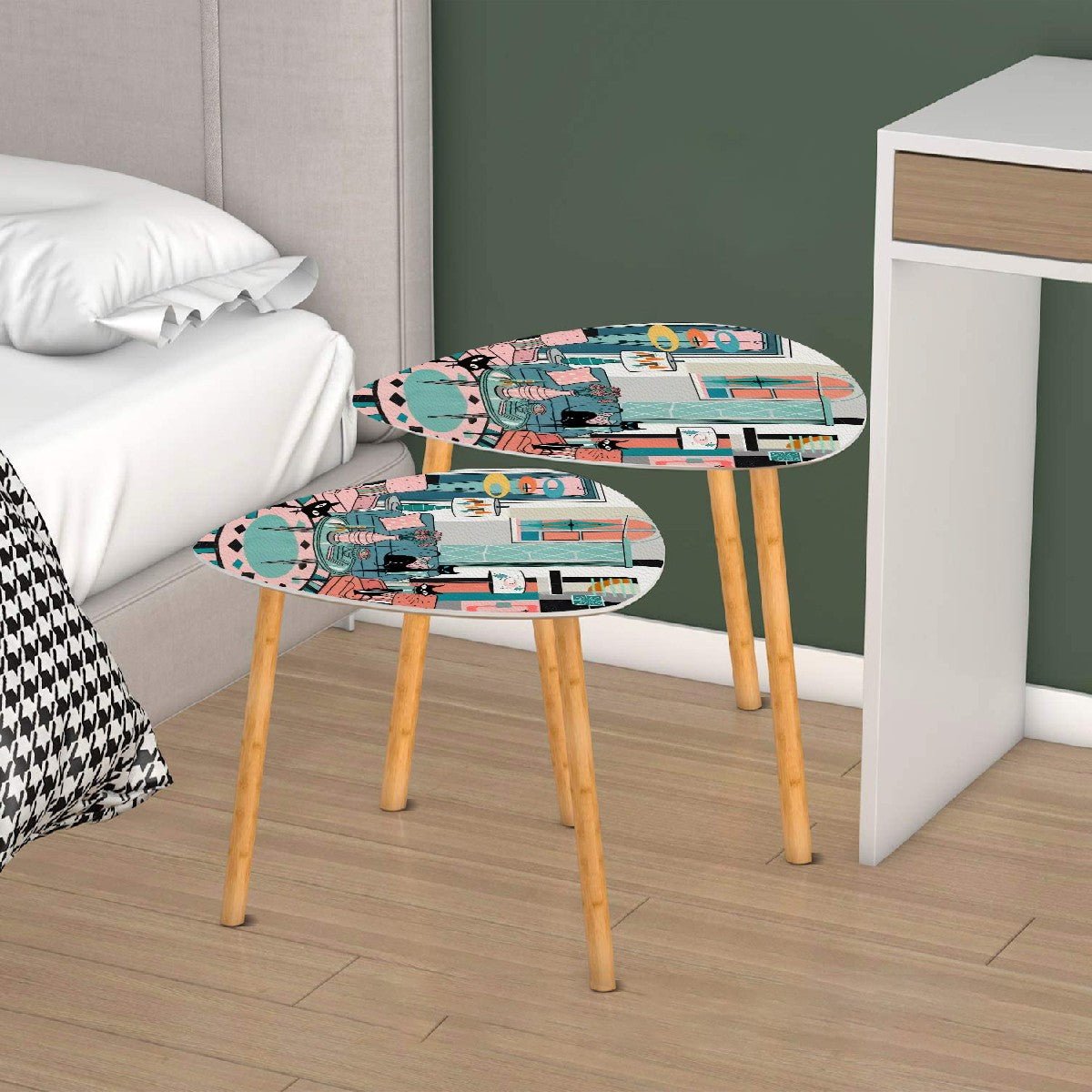 Kate McEnroe New York Atomic Cat Living Room Table, Mid Century Modern Nesting Set, 50s Teal Pink Starburst Accent FurnitureNesting Tablesvd819TzrAt