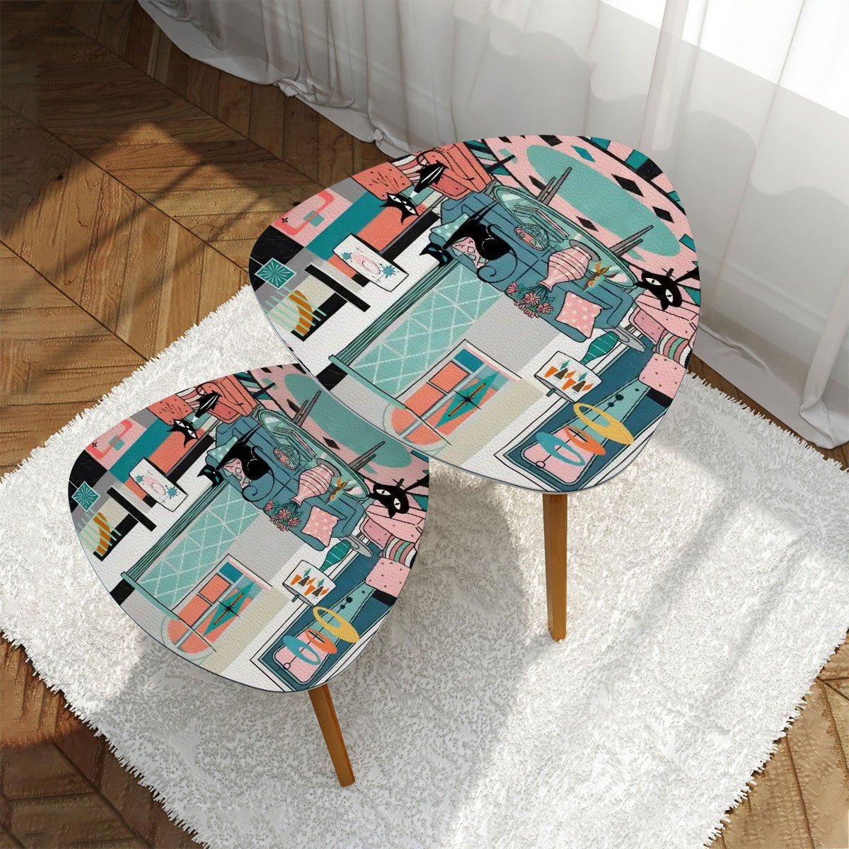Kate McEnroe New York Atomic Cat Living Room Table, Mid Century Modern Nesting Set, 50s Teal Pink Starburst Accent FurnitureNesting Tablesvd819TzrAt