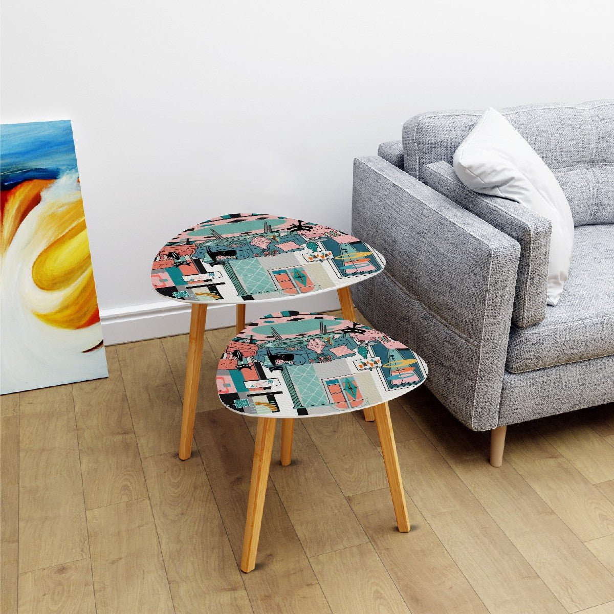 Kate McEnroe New York Atomic Cat Living Room Table, Mid Century Modern Nesting Set, 50s Teal Pink Starburst Accent FurnitureNesting Tablesvd819TzrAt