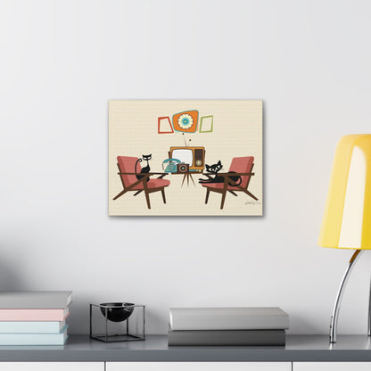 Kate McEnroe New York Atomic Cat Lounge Canvas Art, Mid Century Modern Wall Art, Retro Vintage TV, Telephone, Camera Living Room Decor Canvas Wall Art 16″ x 12″ / 1.25&quot; 16620672391070905120