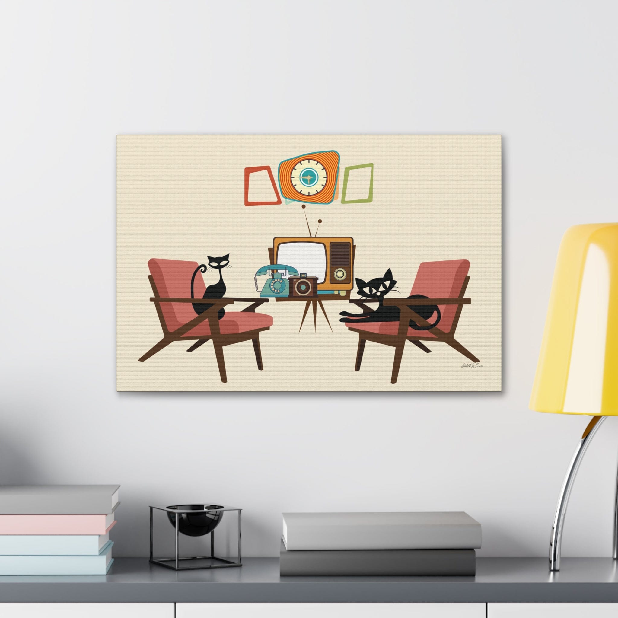 Kate McEnroe New York Atomic Cat Lounge Canvas Art, Mid Century Modern Wall Art, Retro Vintage TV, Telephone, Camera Living Room Decor Canvas Wall Art 24″ x 16″ / 1.25&quot; 10825854607293347019
