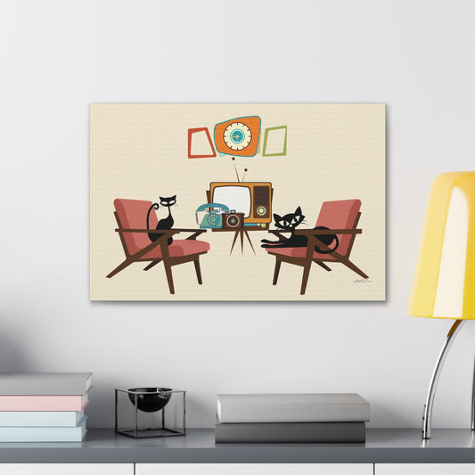 Kate McEnroe New York Atomic Cat Lounge Canvas Art, Mid Century Modern Wall Art, Retro Vintage TV, Telephone, Camera Living Room Decor Canvas Wall Art 24″ x 16″ / 1.25" 10825854607293347019