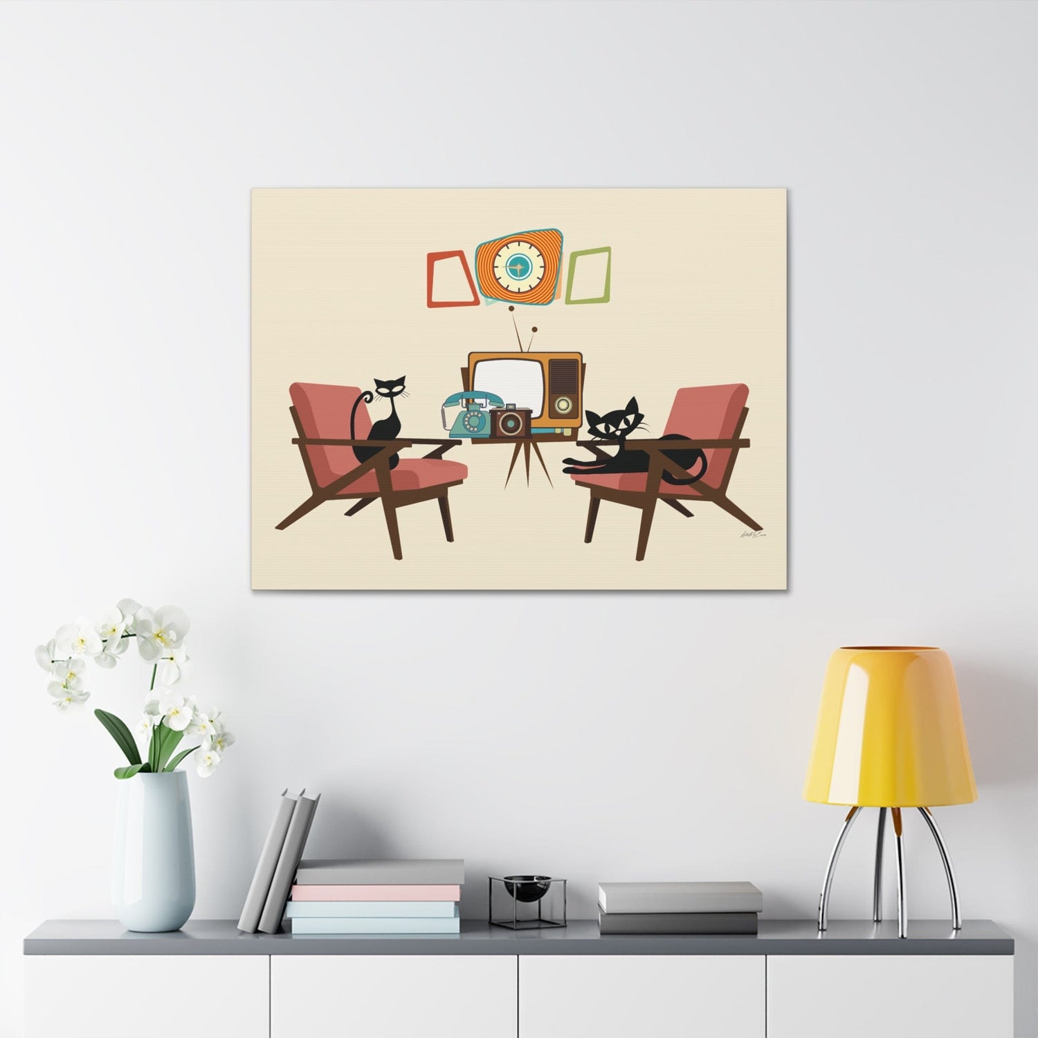 Kate McEnroe New York Atomic Cat Lounge Canvas Art, Mid Century Modern Wall Art, Retro Vintage TV, Telephone, Camera Living Room Decor Canvas Wall Art 40″ x 30″ / 1.25&quot; 46897386202112432686