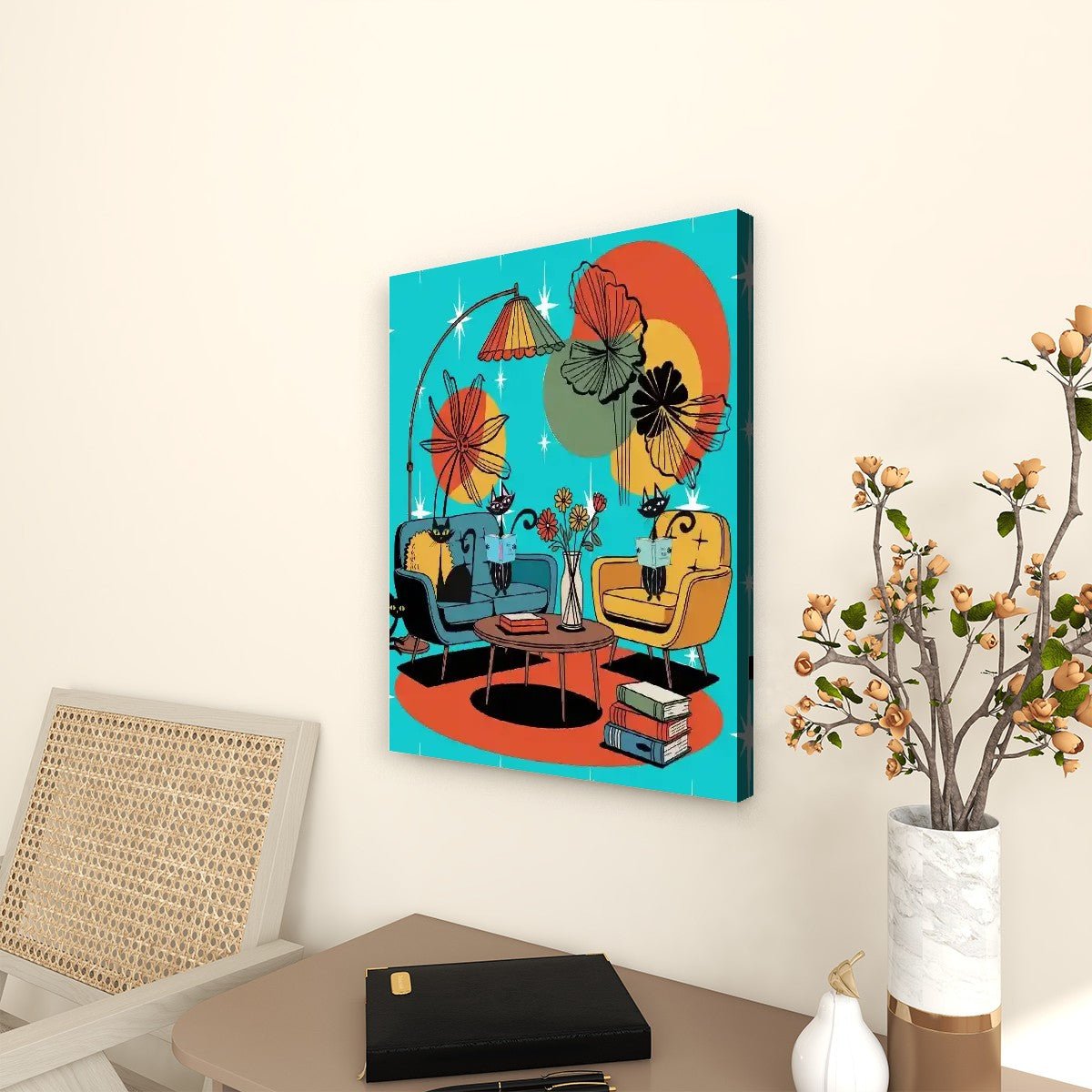 Atomic Cat Lounge Retro Wall Art, Mid Century Modern Lounge Canvas