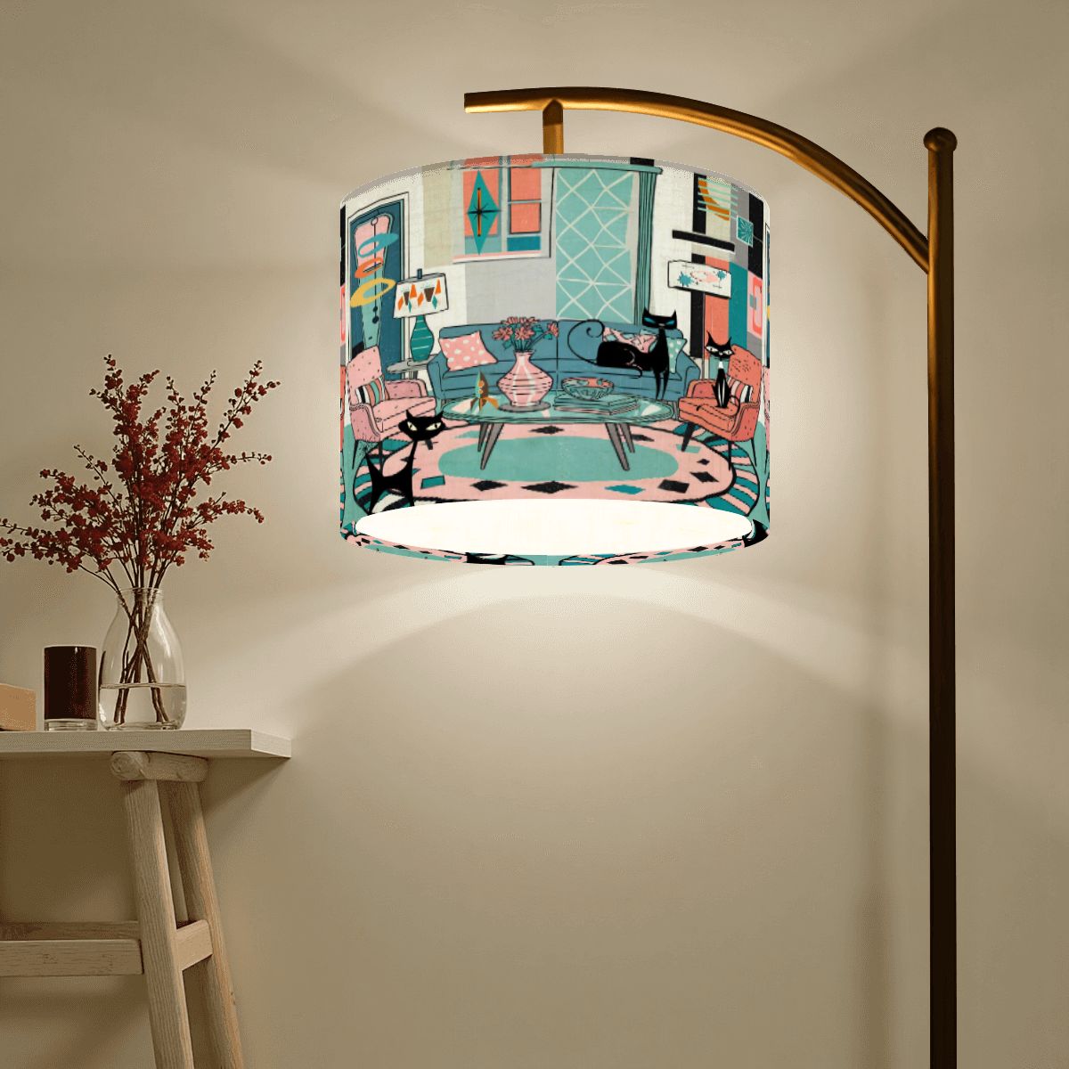 Kate McEnroe New York Atomic Cat Lounge Scene Arc Lamp, Retro Mid Mod Floor LightFloor LampssKORTIl59p