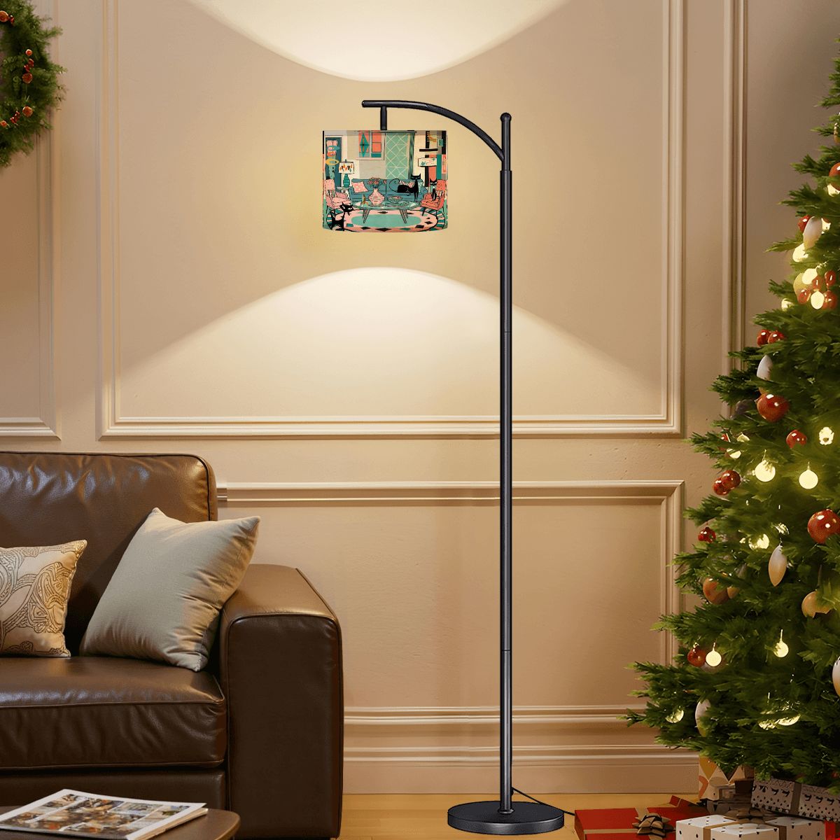 Kate McEnroe New York Atomic Cat Lounge Scene Arc Lamp, Retro Mid Mod Floor LightFloor LampssKORTIl59p