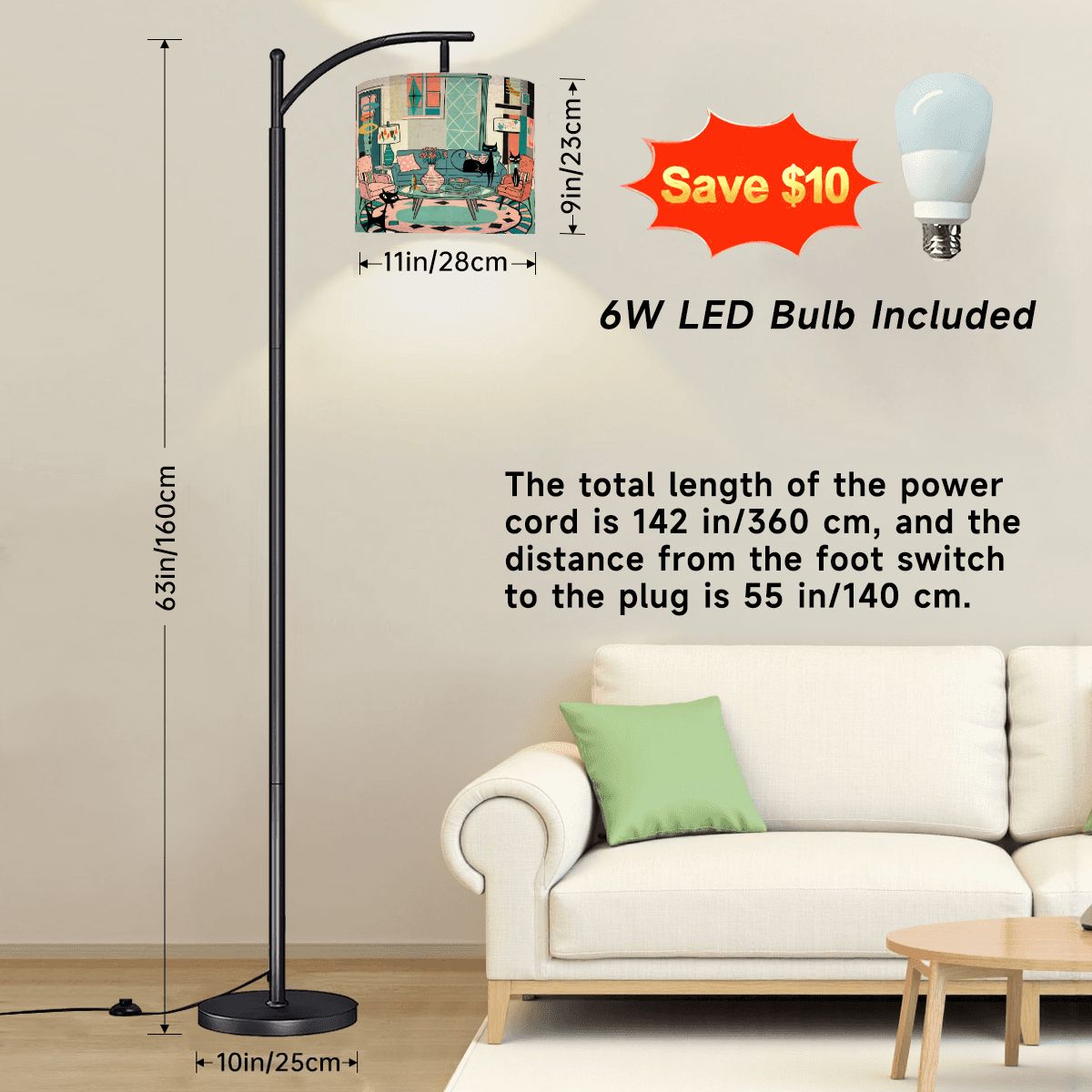 Kate McEnroe New York Atomic Cat Lounge Scene Arc Lamp, Retro Mid Mod Floor LightFloor LampssKORTIl59p