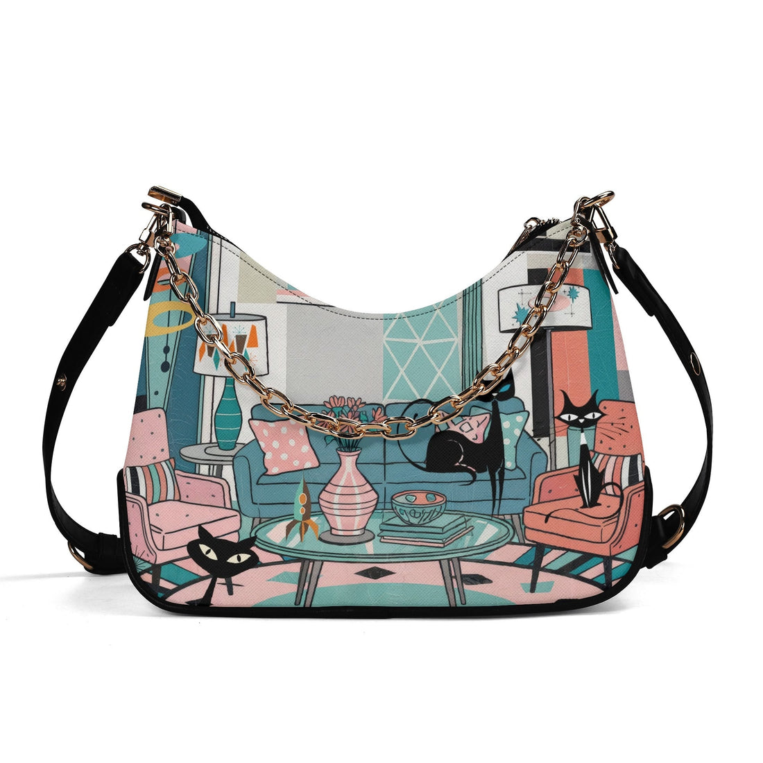 Kate McEnroe New York Atomic Cat Lounge Scene Purse, Retro 50s MCM Shoulder Bag, Mid Century Modern Mod Chain HandbagHandbagsW1KX29DN - 1