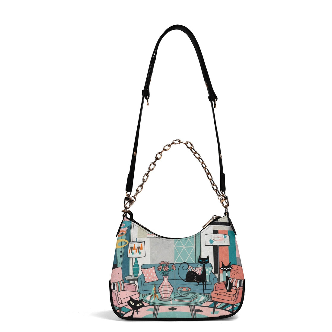 Kate McEnroe New York Atomic Cat Lounge Scene Purse, Retro 50s MCM Shoulder Bag, Mid Century Modern Mod Chain HandbagHandbagsW1KX29DN - 1