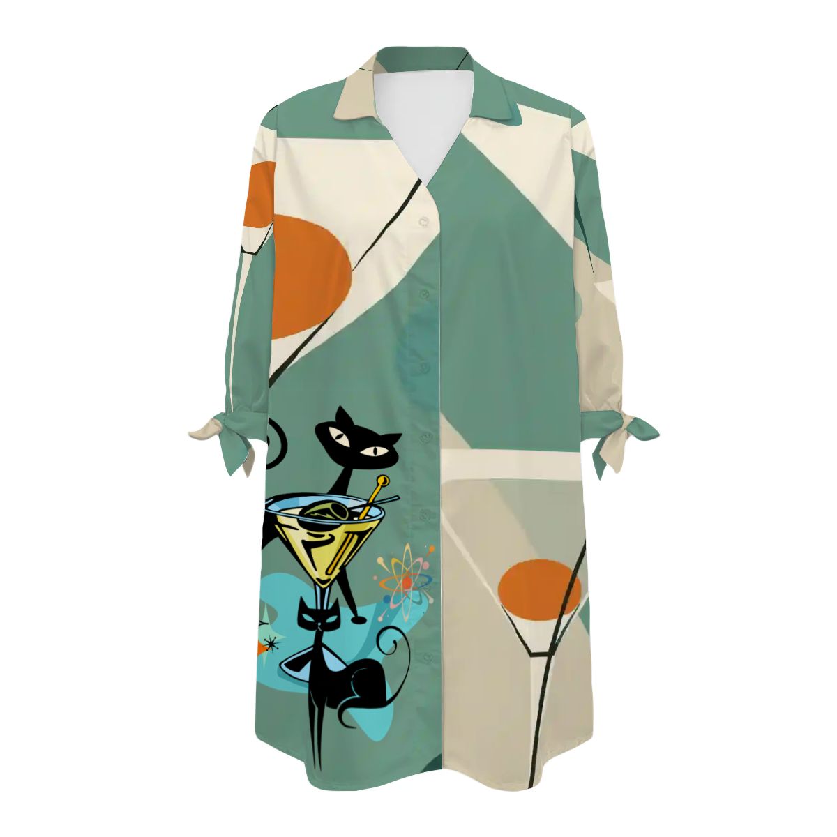 Kate McEnroe New York Atomic Cat Martini Lounge Shirt Dress, Mid Century Modern Coverup, Retro 50s Barware Print BeachwearSwimsuits Cover UpsKcMZgQtAfH