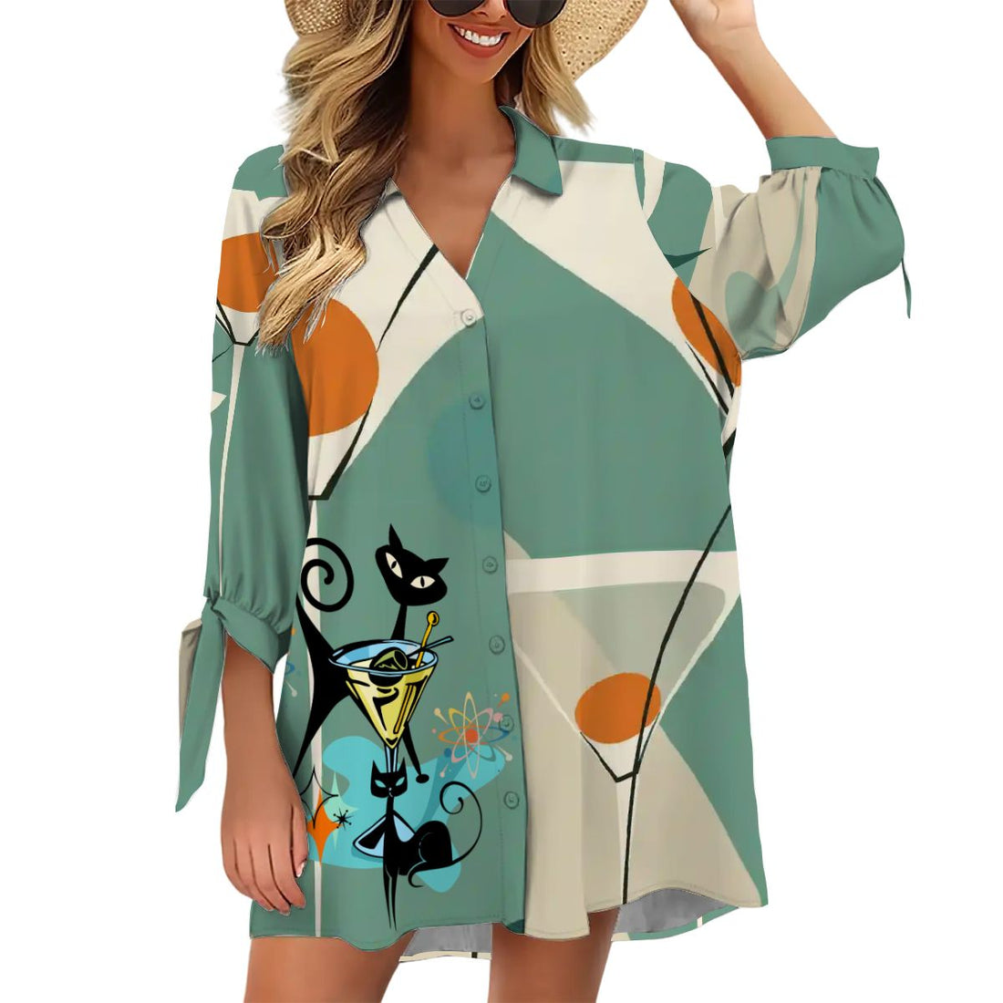 Kate McEnroe New York Atomic Cat Martini Lounge Shirt Dress, Mid Century Modern Coverup, Retro 50s Barware Print BeachwearSwimsuits Cover UpsKcMZgQtAfH