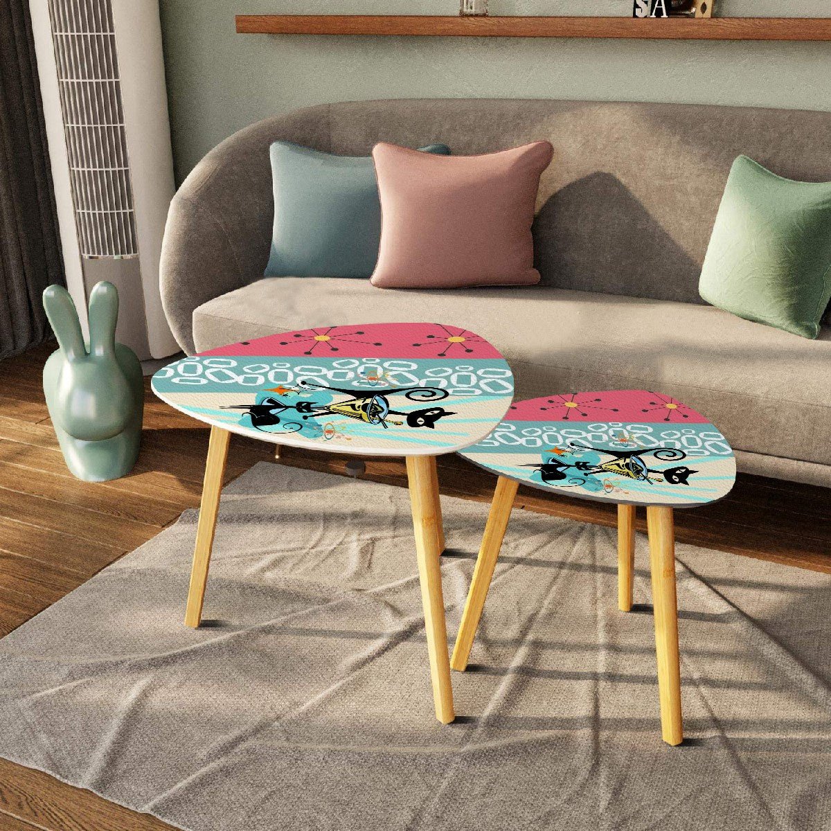 Kate McEnroe New York Atomic Cat Martini Table, Mid Century Modern Starburst Striped Nesting Set, 50s Orbit Lounge AccentNesting TablesDrb2EtjGjR
