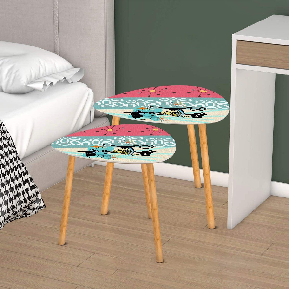 Kate McEnroe New York Atomic Cat Martini Table, Mid Century Modern Starburst Striped Nesting Set, 50s Orbit Lounge AccentNesting TablesDrb2EtjGjR