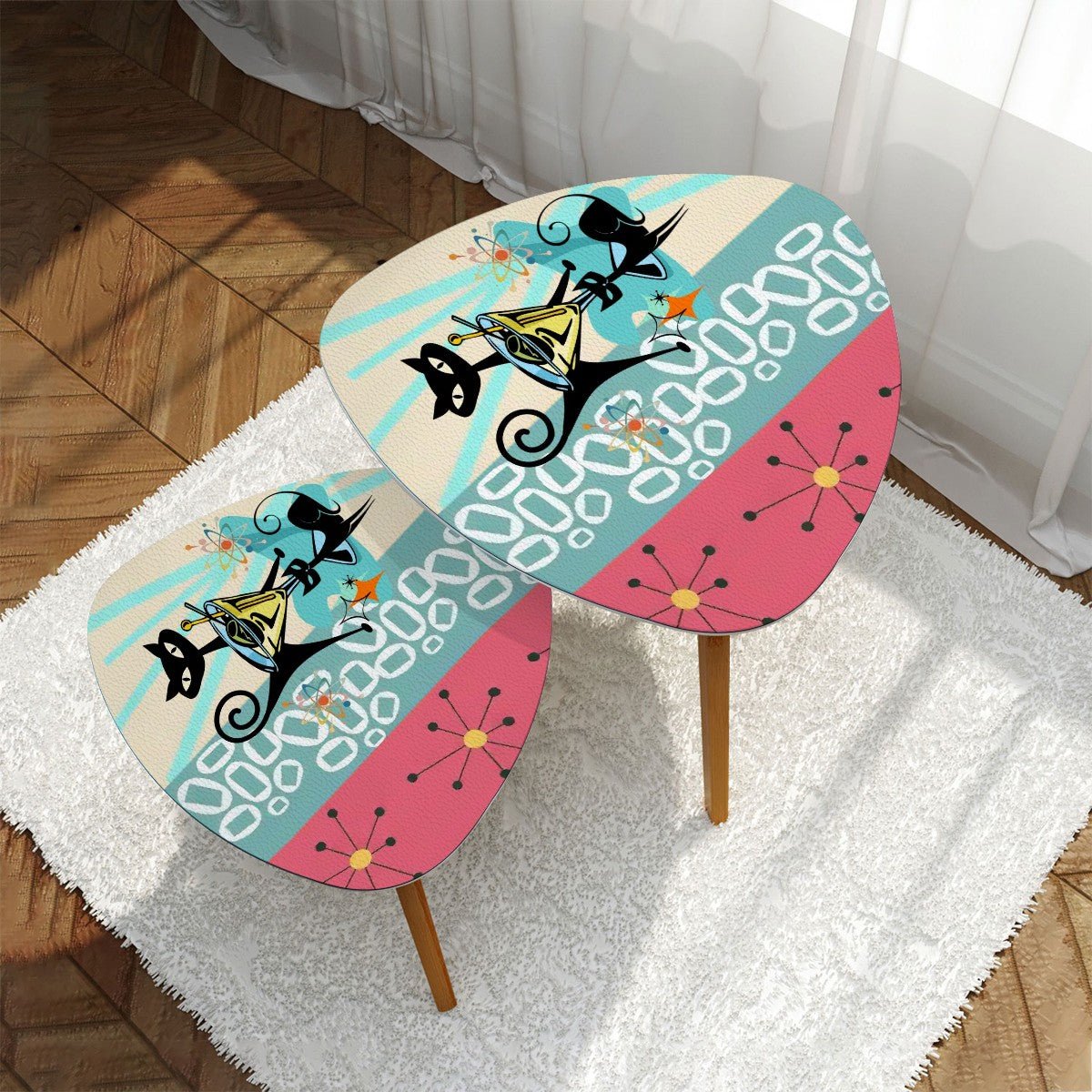 Kate McEnroe New York Atomic Cat Martini Table, Mid Century Modern Starburst Striped Nesting Set, 50s Orbit Lounge AccentNesting TablesDrb2EtjGjR