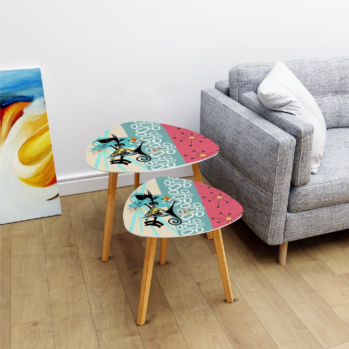 Kate McEnroe New York Atomic Cat Martini Table, Mid Century Modern Starburst Striped Nesting Set, 50s Orbit Lounge AccentNesting TablesDrb2EtjGjR