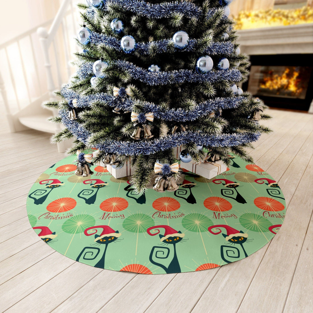 Kate McEnroe New York Atomic Cat MCM Meowy Christmas Round Tree Skirt, 1970s Mid Century Modern Retro Starburst Christmas DecorChristmas Tree Skirts33269276671093200454