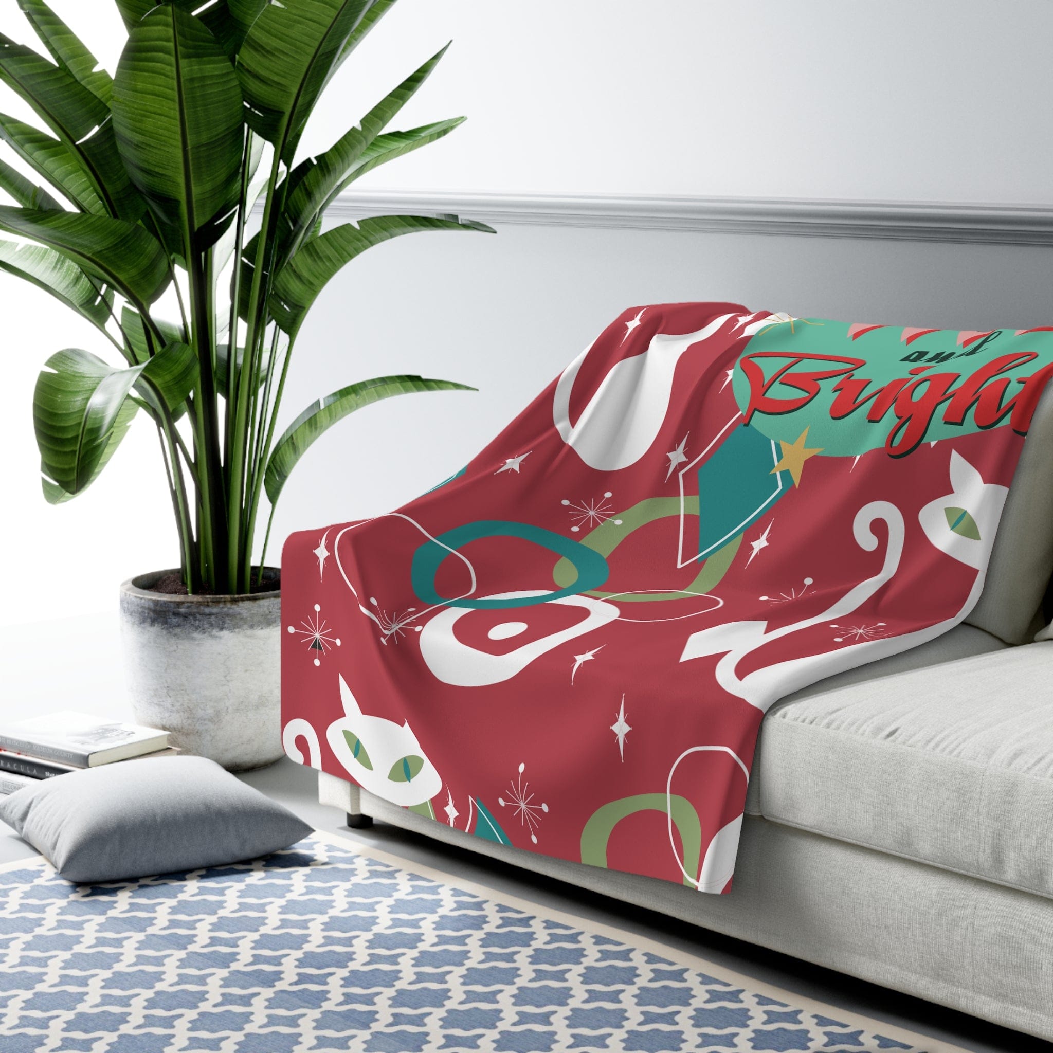 Kate McEnroe New York Atomic Cat Merry &amp; Bright Sherpa Fleece Blanket, Retro Christmas Throw, Mid Century Modern Cozy ThrowsBlankets13130625768473320313