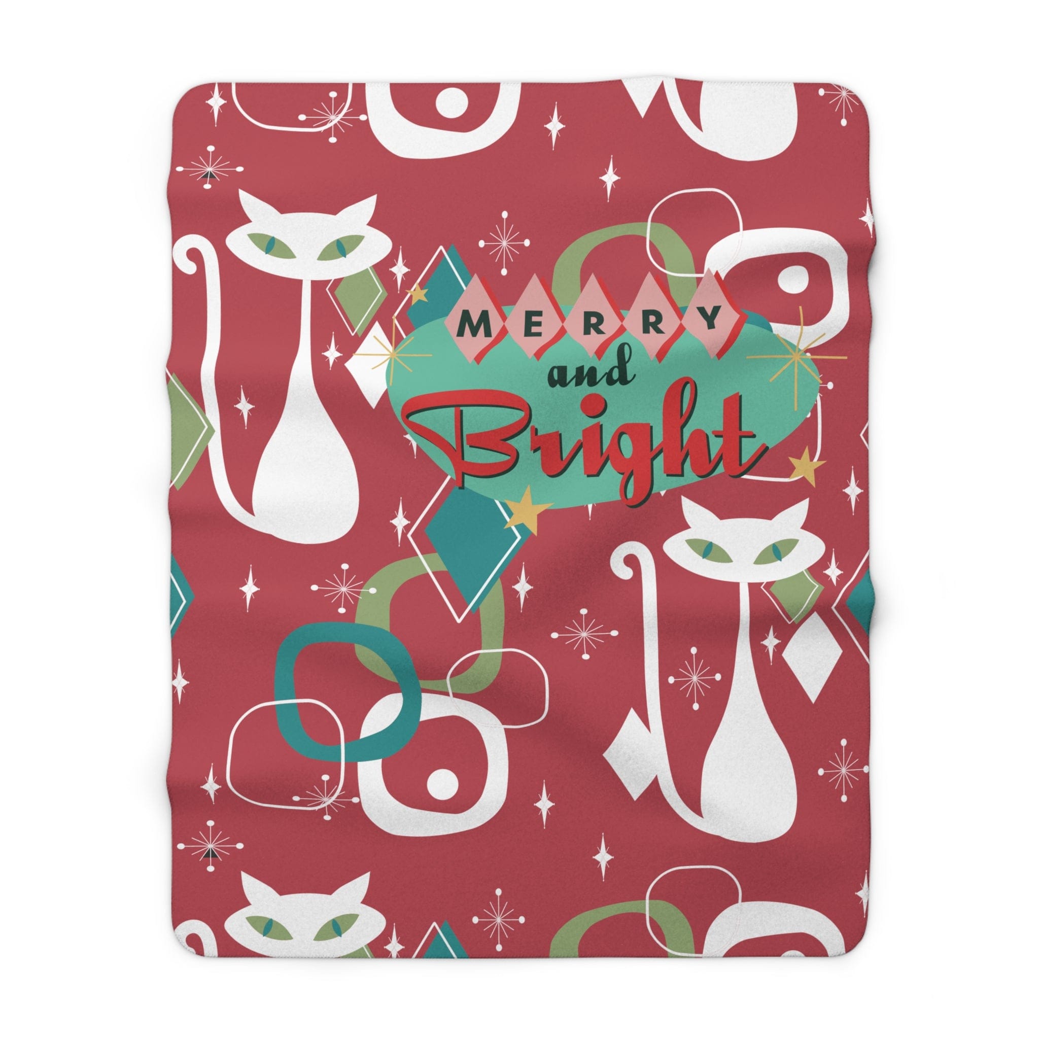 Kate McEnroe New York Atomic Cat Merry &amp; Bright Sherpa Fleece Blanket, Retro Christmas Throw, Mid Century Modern Cozy ThrowsBlankets13130625768473320313