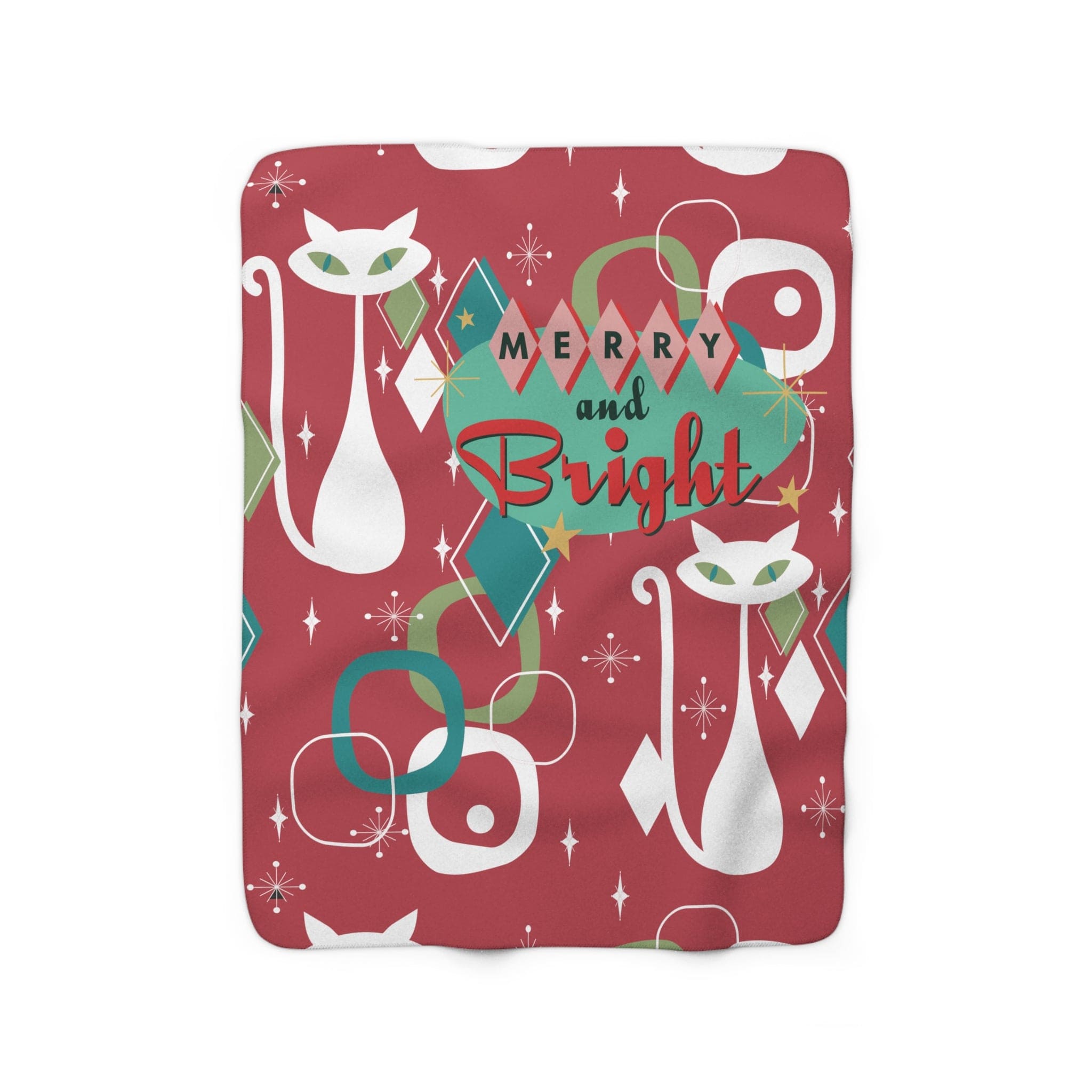Kate McEnroe New York Atomic Cat Merry &amp; Bright Sherpa Fleece Blanket, Retro Christmas Throw, Mid Century Modern Cozy ThrowsBlankets13130625768473320313