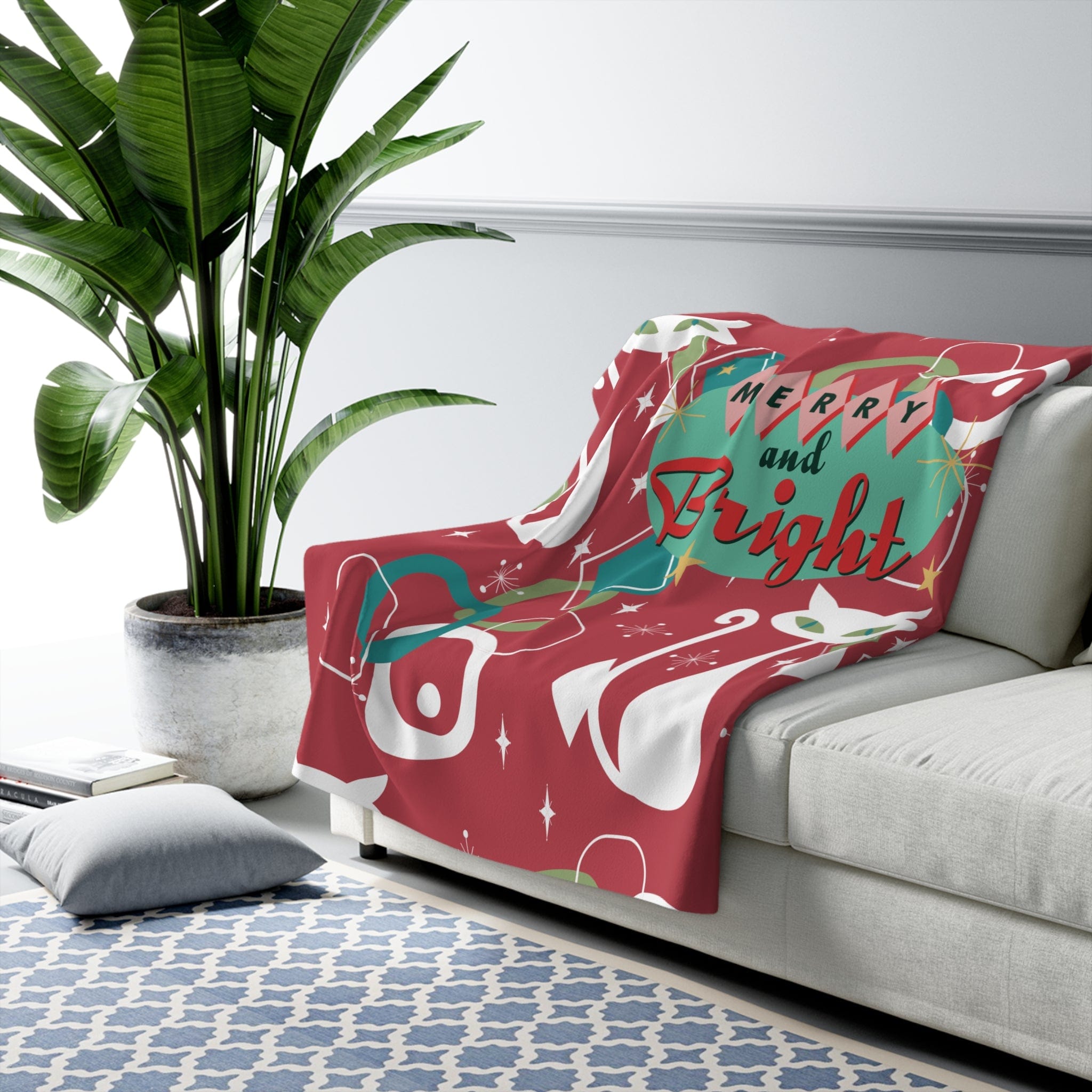 Kate McEnroe New York Atomic Cat Merry &amp; Bright Sherpa Fleece Blanket, Retro Christmas Throw, Mid Century Modern Cozy ThrowsBlankets80894359088594605702