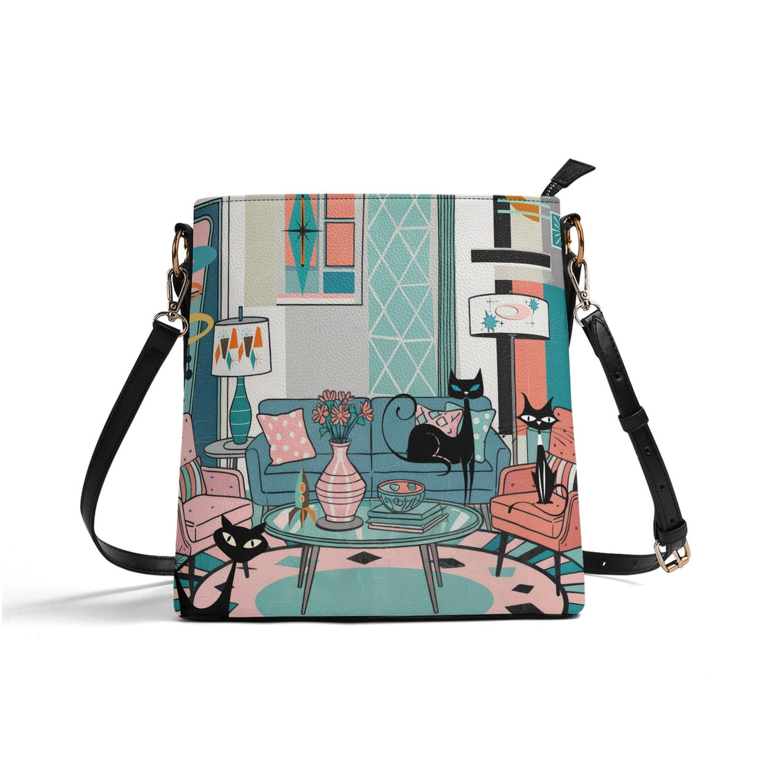 Kate McEnroe New York Atomic Cat Mid Century Bucket Bag, Retro 50s MCM Lounge Scene Purse, Kitschy Mod Shoulder BagHandbagsNRQ38XGY - 1