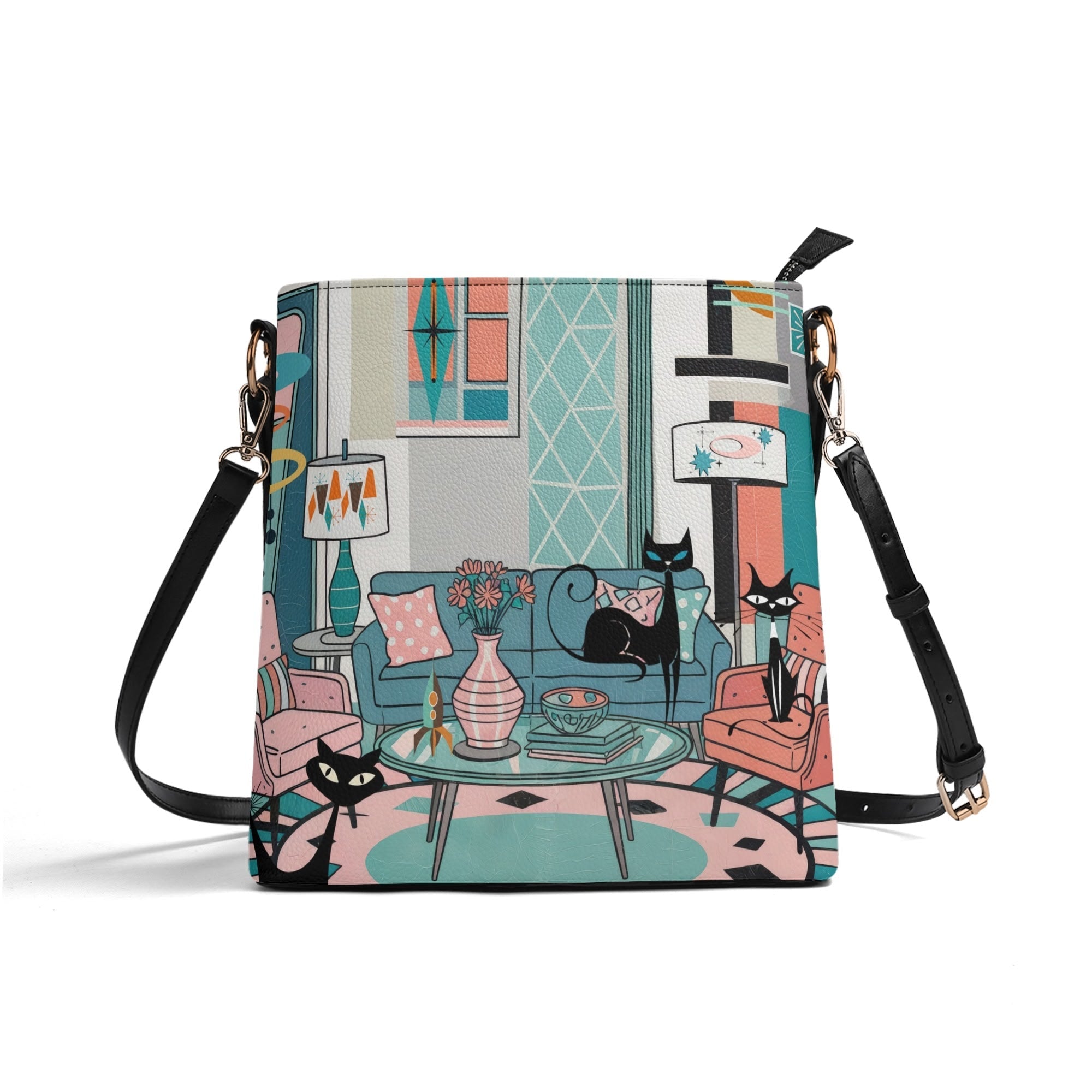 Kate McEnroe New York Atomic Cat Mid Century Bucket Bag, Retro 50s MCM Lounge Scene Purse, Kitschy Mod Shoulder BagHandbagsNRQ38XGY - 1