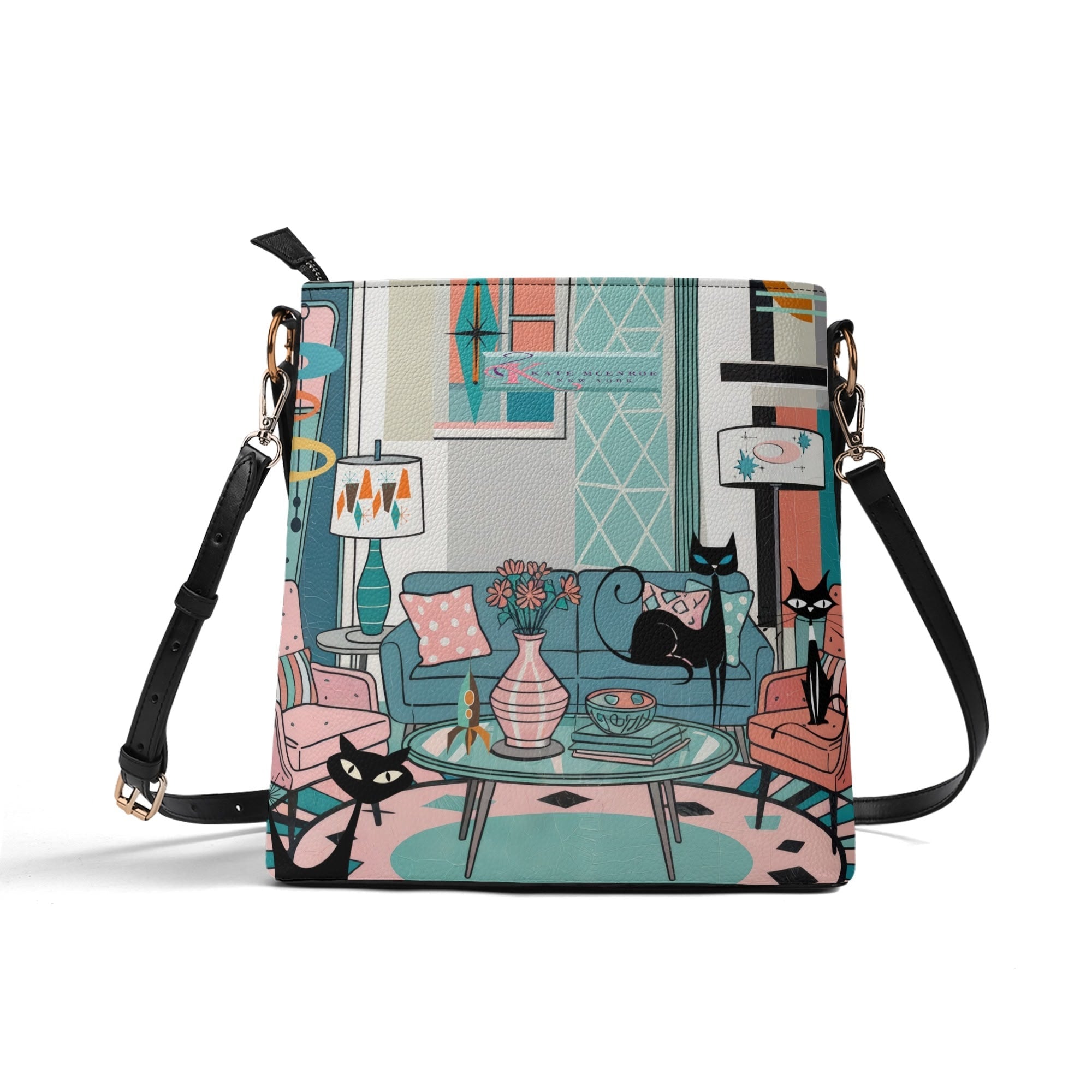 Kate McEnroe New York Atomic Cat Mid Century Bucket Bag, Retro 50s MCM Lounge Scene Purse, Kitschy Mod Shoulder BagHandbagsNRQ38XGY - 1