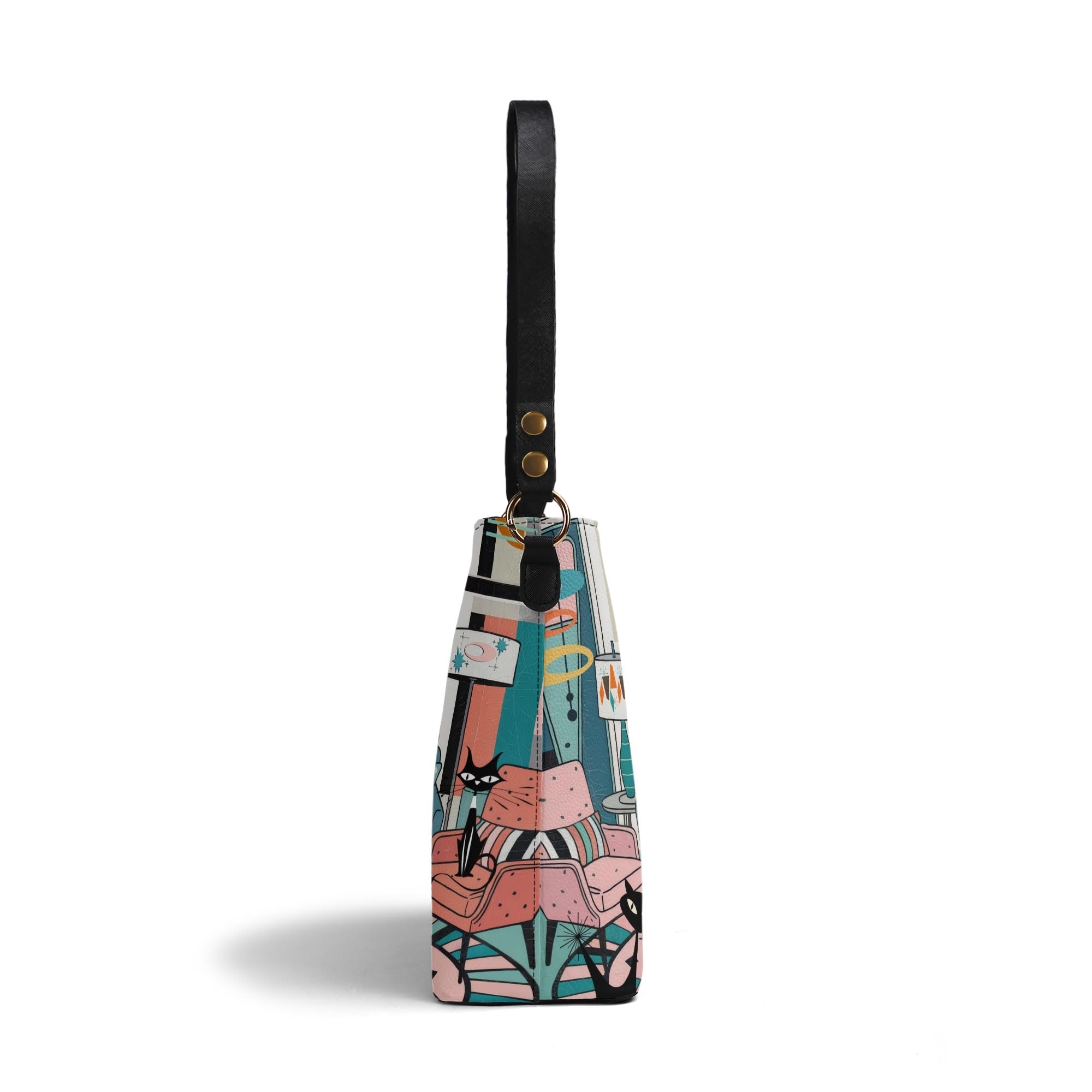 Kate McEnroe New York Atomic Cat Mid Century Bucket Bag, Retro 50s MCM Lounge Scene Purse, Kitschy Mod Shoulder BagHandbagsNRQ38XGY - 1