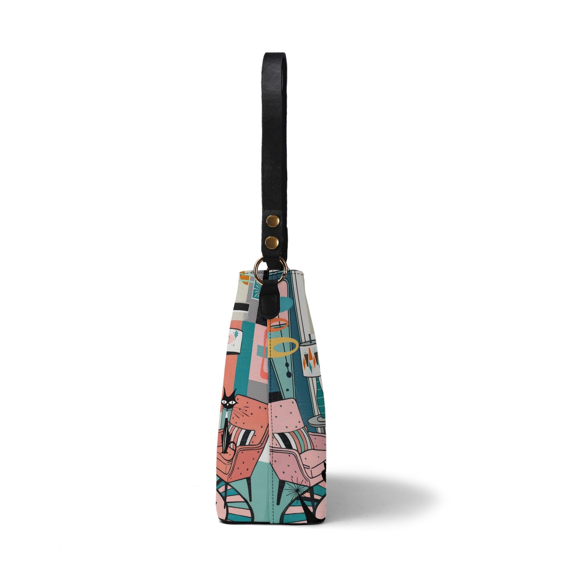 Kate McEnroe New York Atomic Cat Mid Century Bucket Bag, Retro 50s MCM Lounge Scene Purse, Kitschy Mod Shoulder BagHandbagsNRQ38XGY - 1