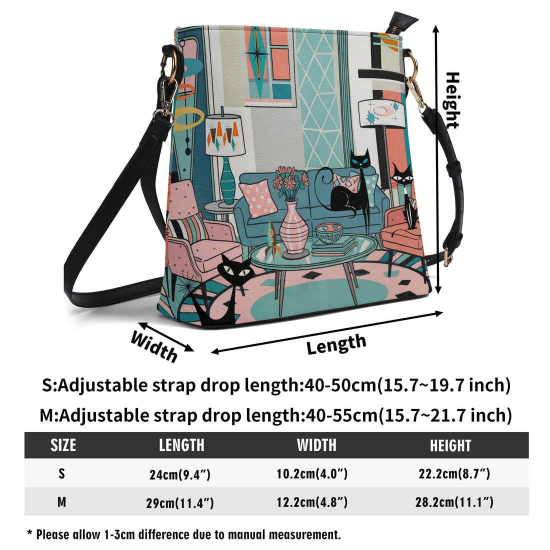 Kate McEnroe New York Atomic Cat Mid Century Bucket Bag, Retro 50s MCM Lounge Scene Purse, Kitschy Mod Shoulder BagHandbagsNRQ38XGY - 1