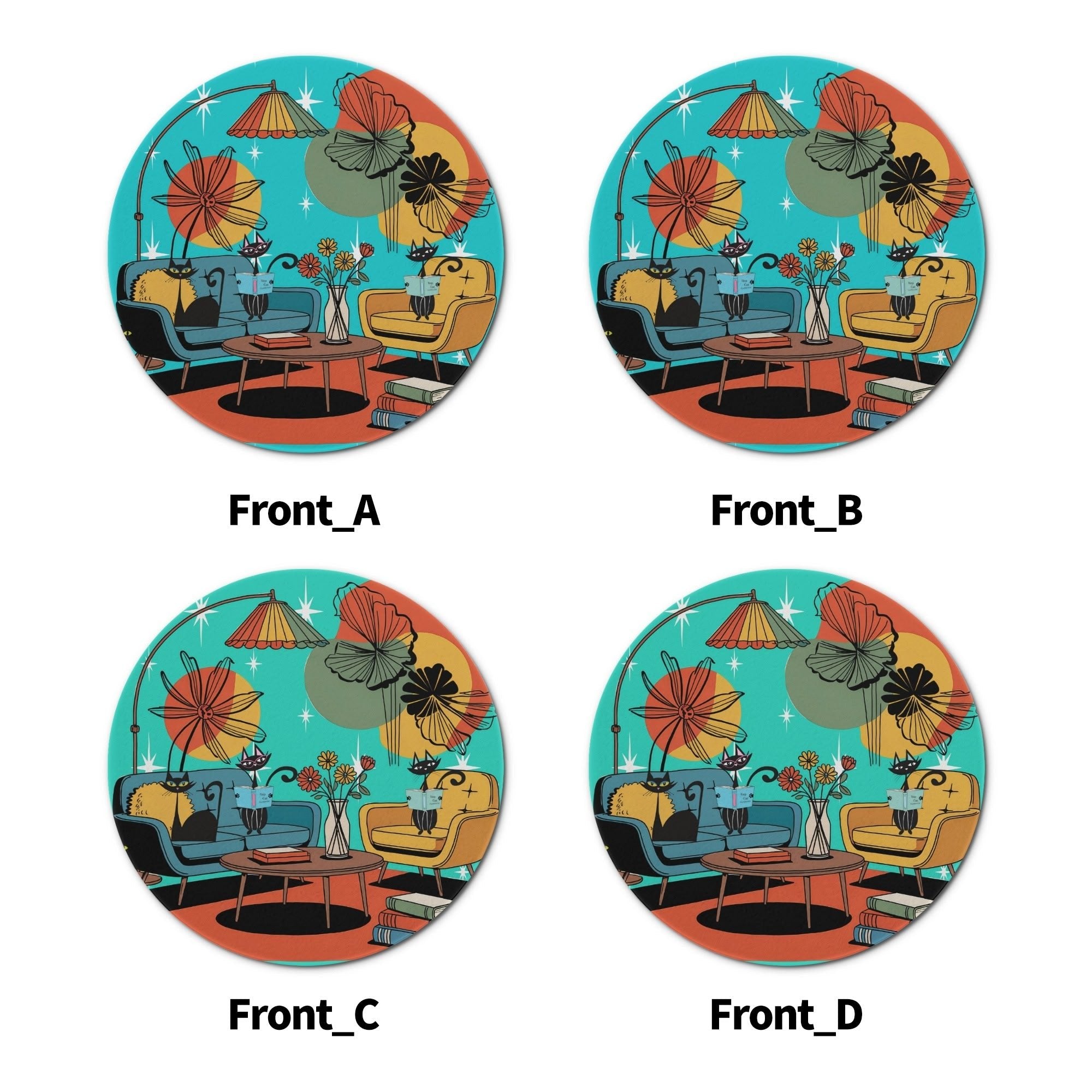 Kate McEnroe New York Atomic Cat Mid Century Coasters, Retro Living Room Lounge Art, MCM Drink Barware SetCoastersWX13LMKW - 1