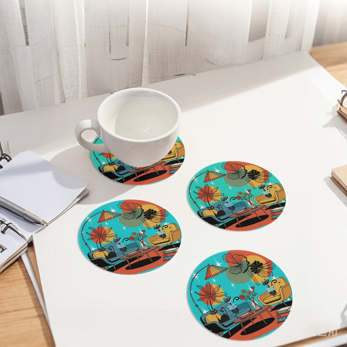 Kate McEnroe New York Atomic Cat Mid Century Coasters, Retro Living Room Lounge Art, MCM Drink Barware SetCoastersWX13LMKW - 1