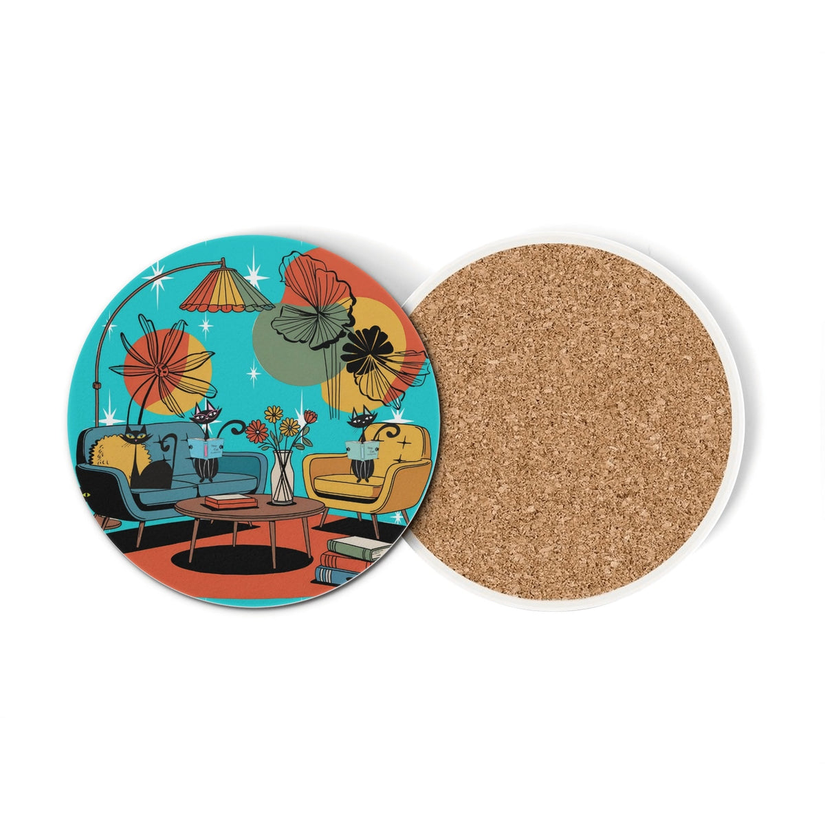 Kate McEnroe New York Atomic Cat Mid Century Coasters, Retro Living Room Lounge Art, MCM Drink Barware SetCoastersWX13LMKW - 1