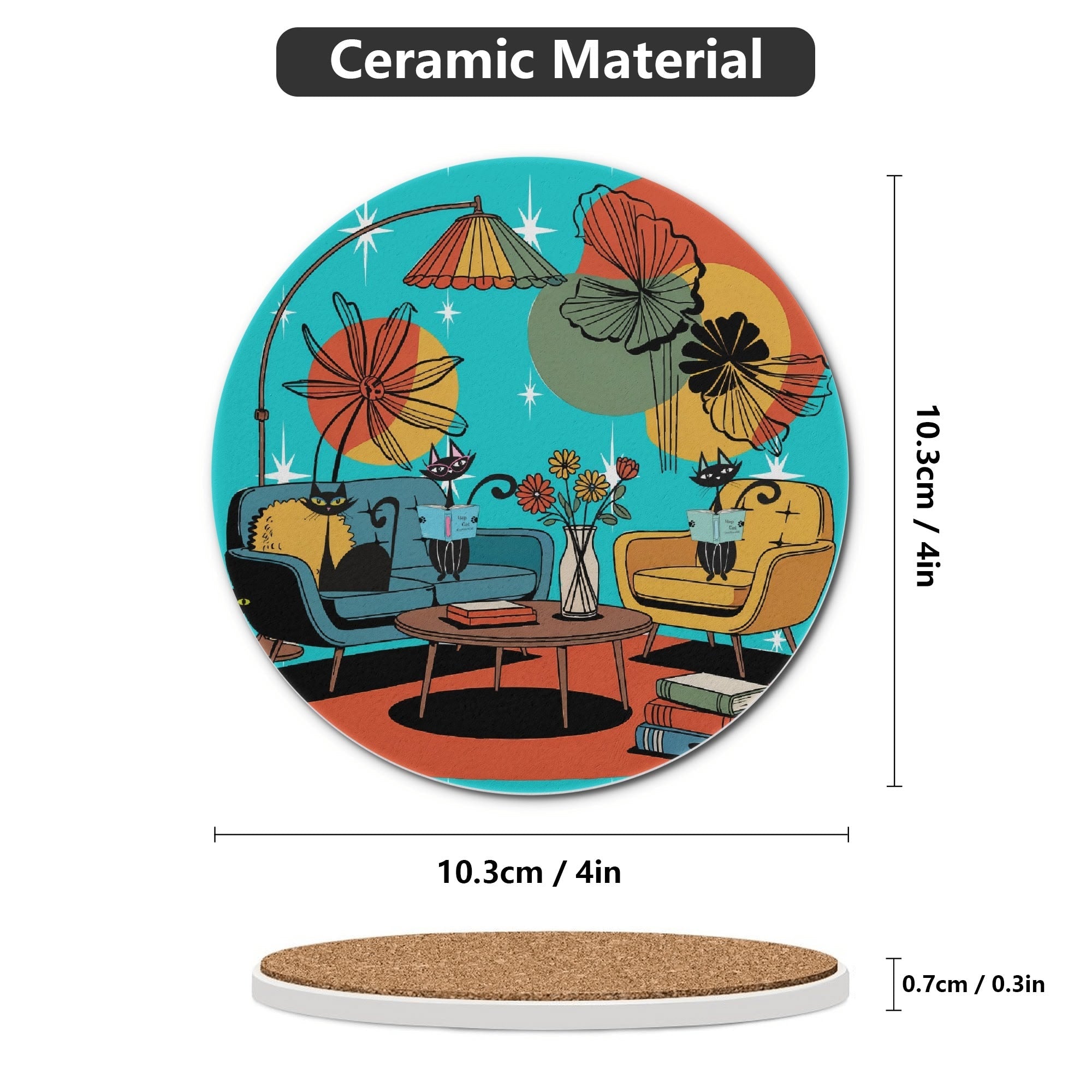 Kate McEnroe New York Atomic Cat Mid Century Coasters, Retro Living Room Lounge Art, MCM Drink Barware SetCoastersWX13LMKW - 1