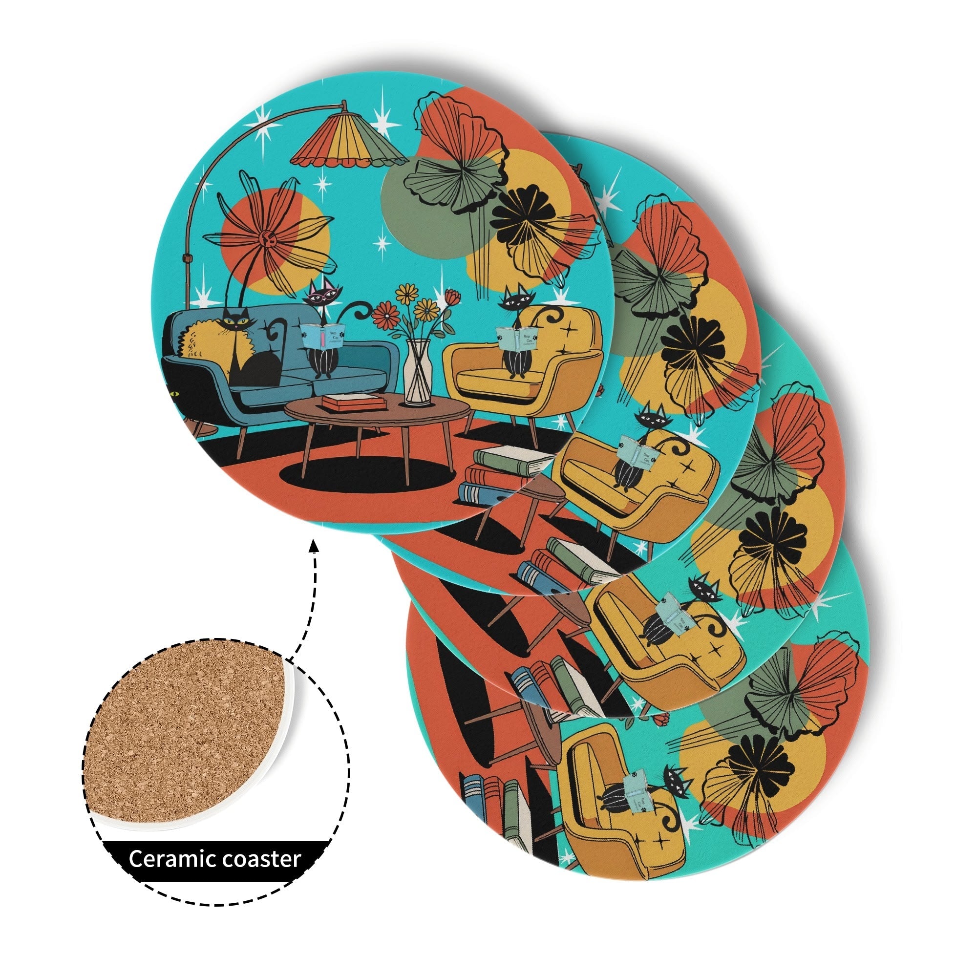 Kate McEnroe New York Atomic Cat Mid Century Coasters, Retro Living Room Lounge Art, MCM Drink Barware SetCoastersWX13LMKW - 1