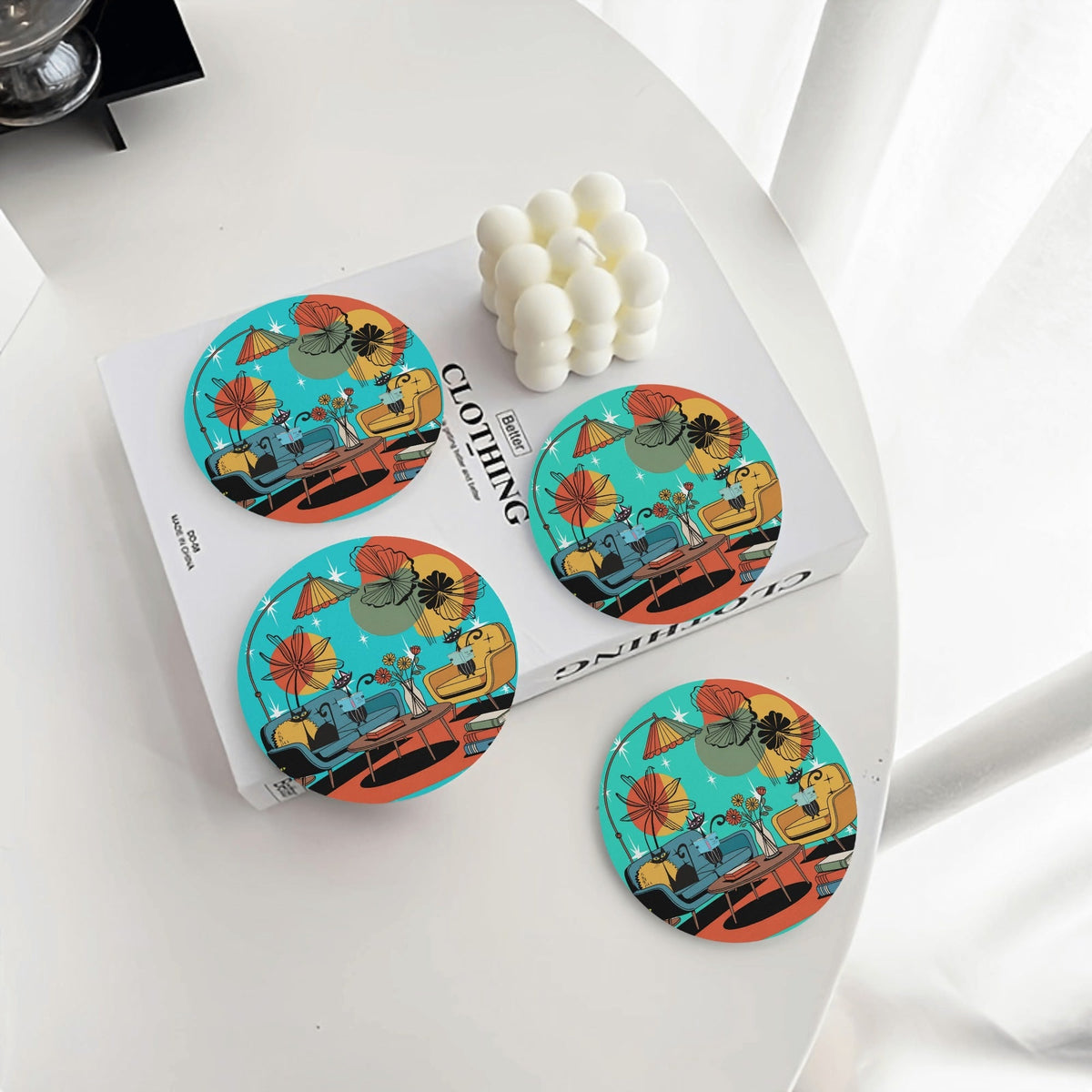 Kate McEnroe New York Atomic Cat Mid Century Coasters, Retro Living Room Lounge Art, MCM Drink Barware SetCoastersWX13LMKW - 1