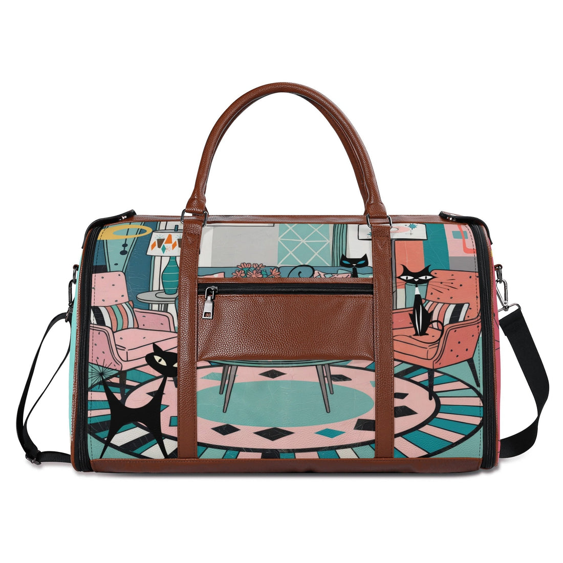 Kate McEnroe New York Atomic Cat Mid Century Duffel Bag, Retro 50s Leather Travel Bag, Foldable MCM Starburst WeekenderDuffel BagsYP638O3N - 1