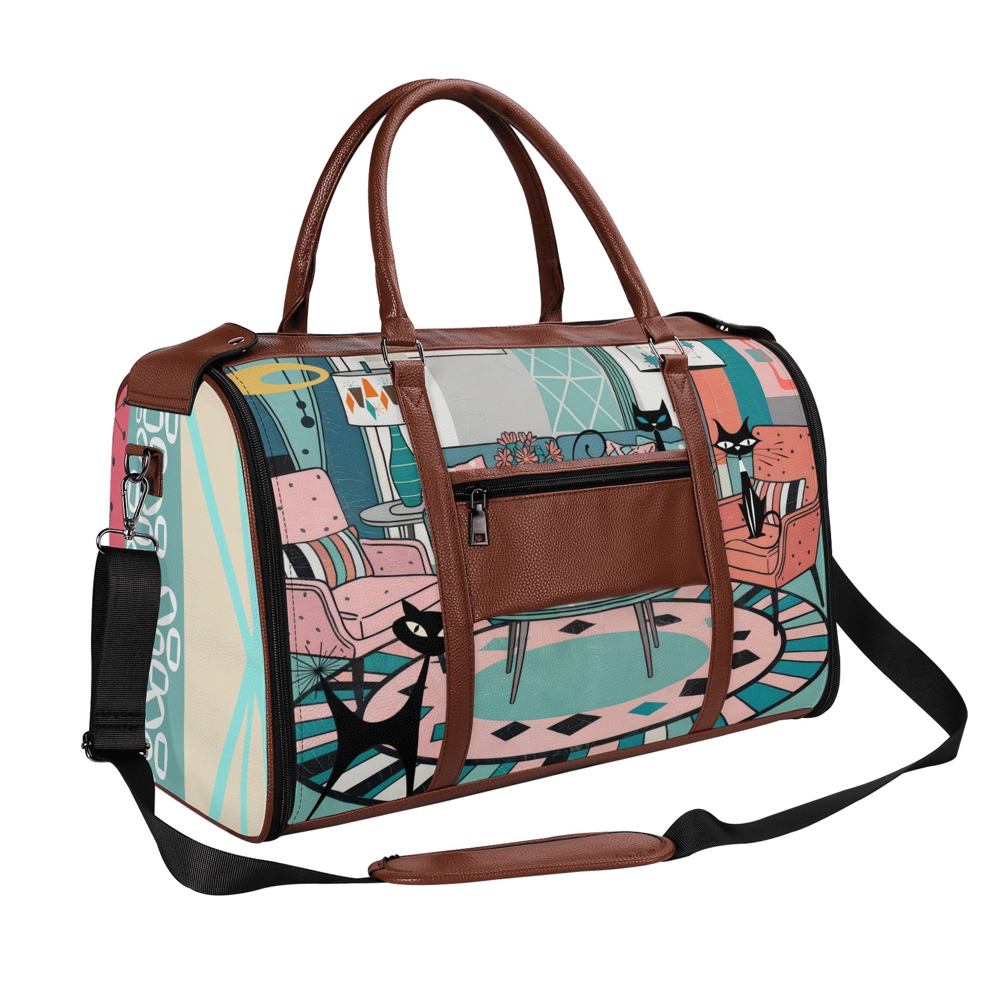 Kate McEnroe New York Atomic Cat Mid Century Duffel Bag, Retro 50s Leather Travel Bag, Foldable MCM Starburst WeekenderDuffel BagsYP638O3N - 1
