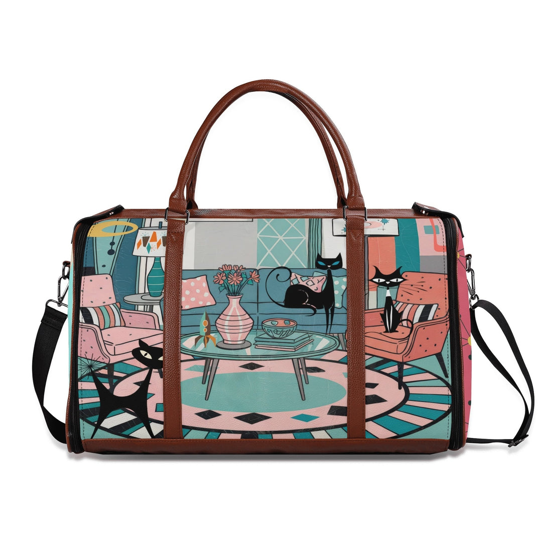 Kate McEnroe New York Atomic Cat Mid Century Duffel Bag, Retro 50s Leather Travel Bag, Foldable MCM Starburst WeekenderDuffel BagsYP638O3N - 1