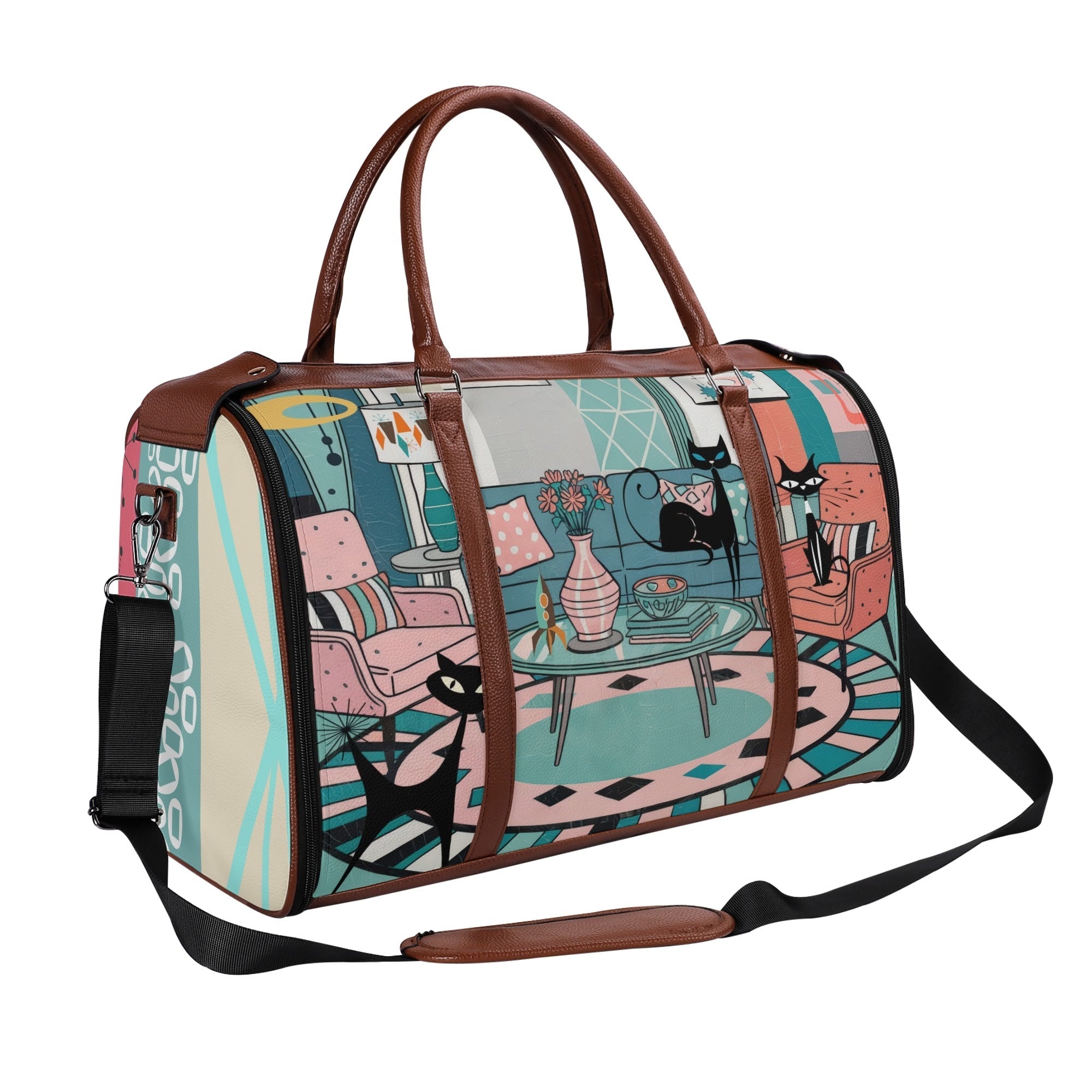 Kate McEnroe New York Atomic Cat Mid Century Duffel Bag, Retro 50s Leather Travel Bag, Foldable MCM Starburst WeekenderDuffel BagsYP638O3N - 1