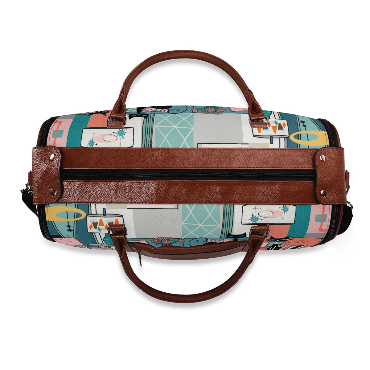 Kate McEnroe New York Atomic Cat Mid Century Duffel Bag, Retro 50s Leather Travel Bag, Foldable MCM Starburst WeekenderDuffel BagsYP638O3N - 1