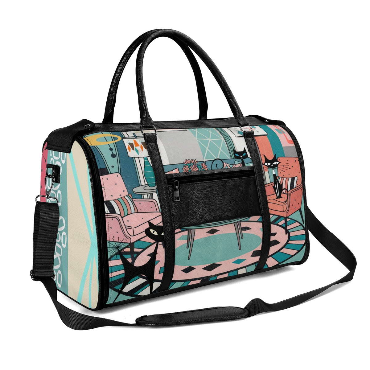 Kate McEnroe New York Atomic Cat Mid Century Duffel Bag, Retro 50s Leather Travel Bag, Foldable MCM Starburst WeekenderDuffel BagsYP638O3N - 2