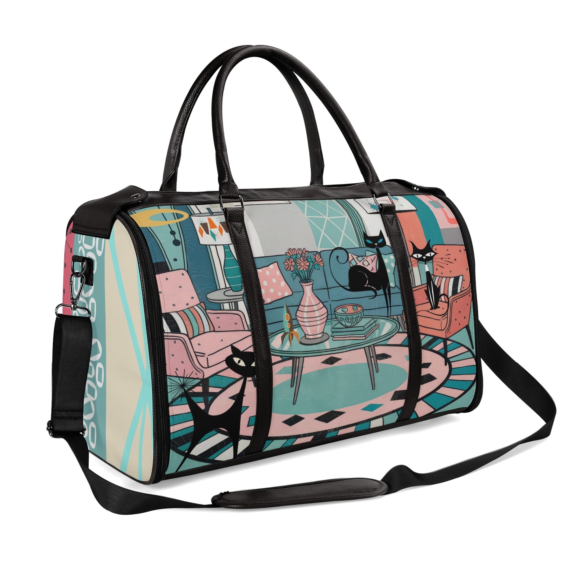 Kate McEnroe New York Atomic Cat Mid Century Duffel Bag, Retro 50s Leather Travel Bag, Foldable MCM Starburst WeekenderDuffel BagsYP638O3N - 2